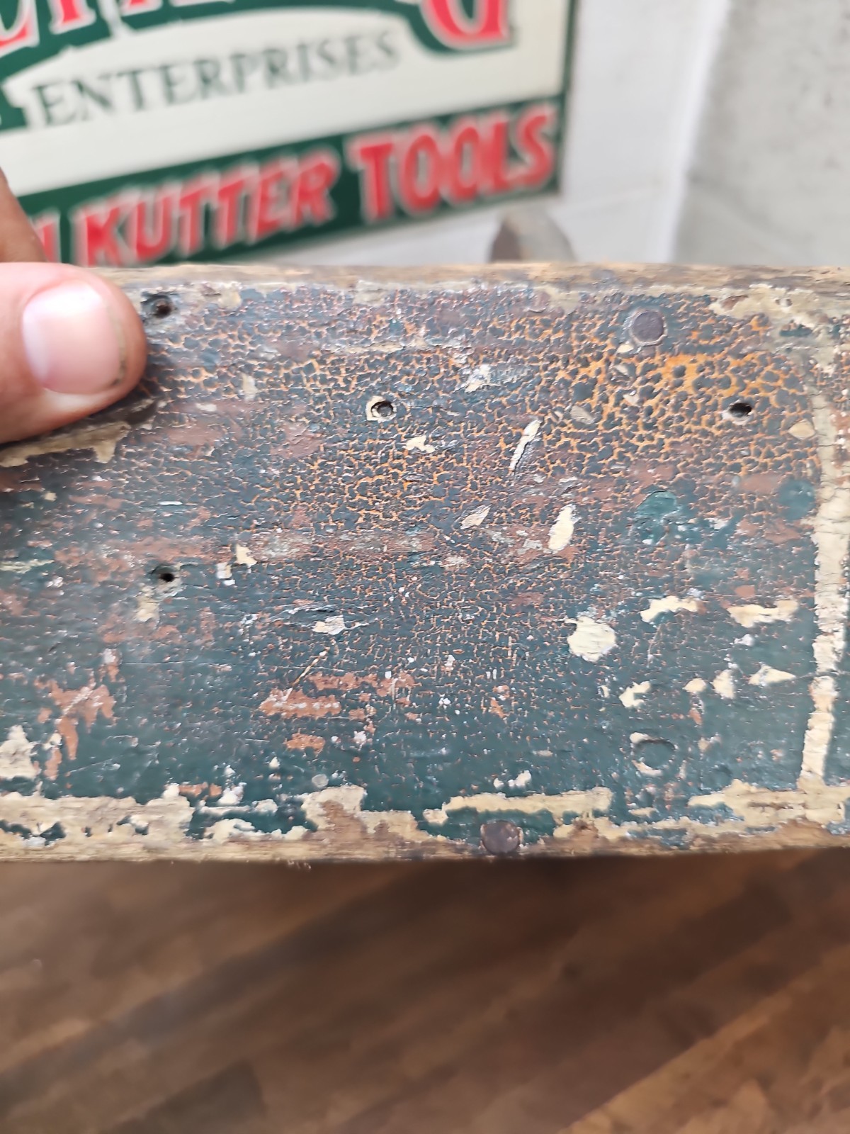 Y12- antique Primitive Tool Caddy Green Paint 16 x 13 x 4