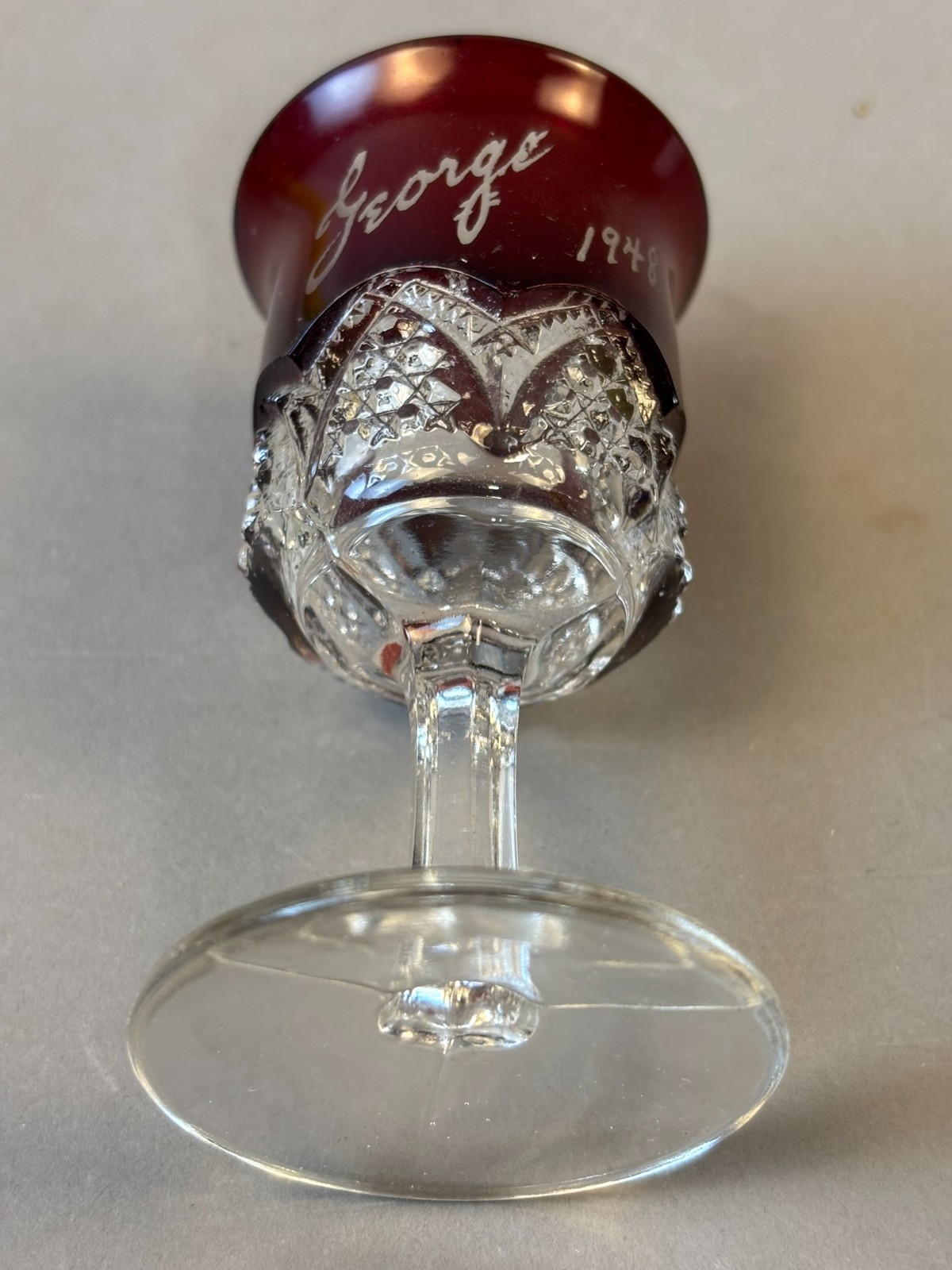 #1267 Antique GEORGE 1948 Ruby Red Flash Souvenir Glass CUT GLASS GOBLET