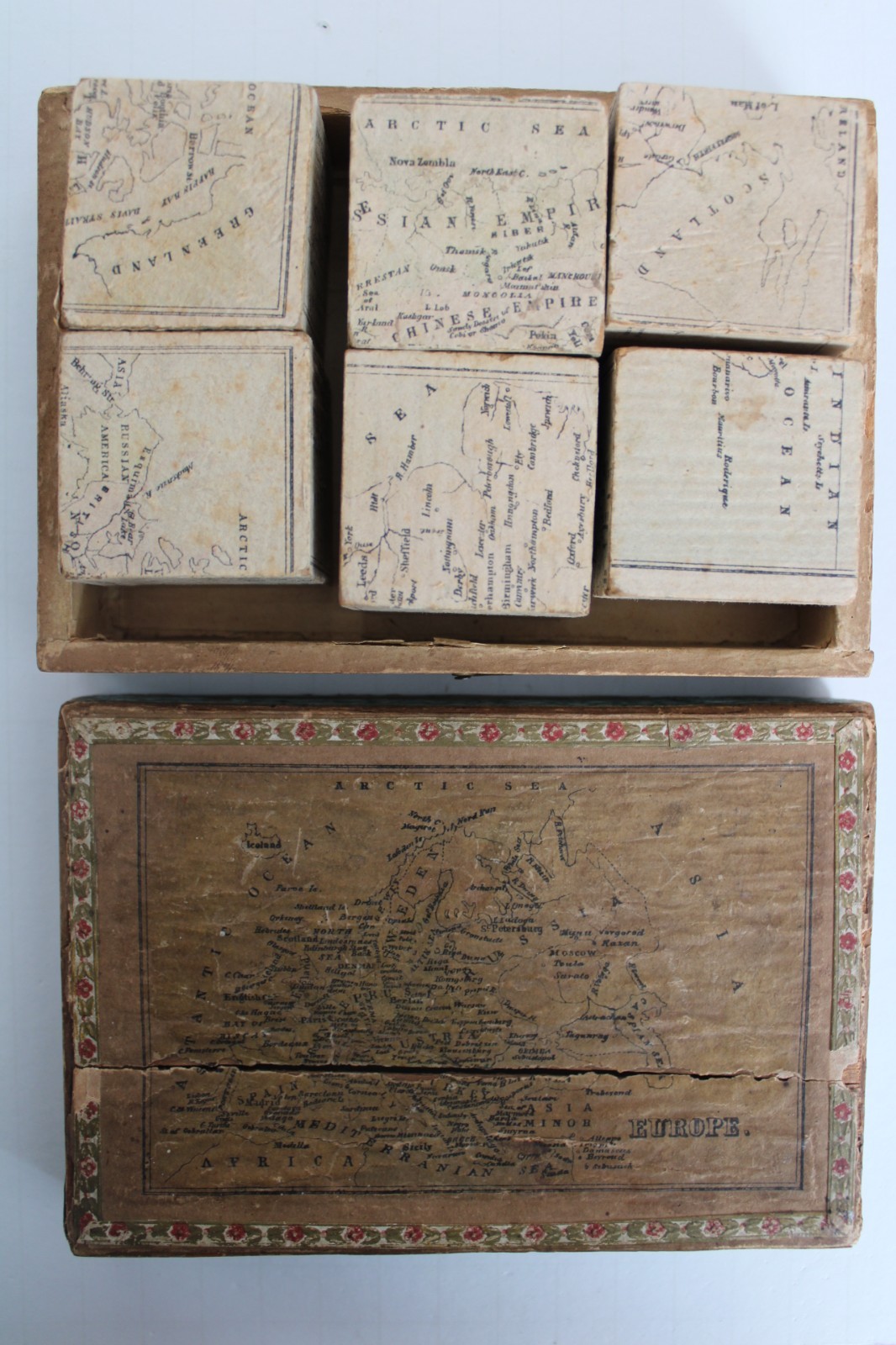 RARE Early / Mid-19th Century Lithograph Geography Map Child’s Toy Blocks w/ Box