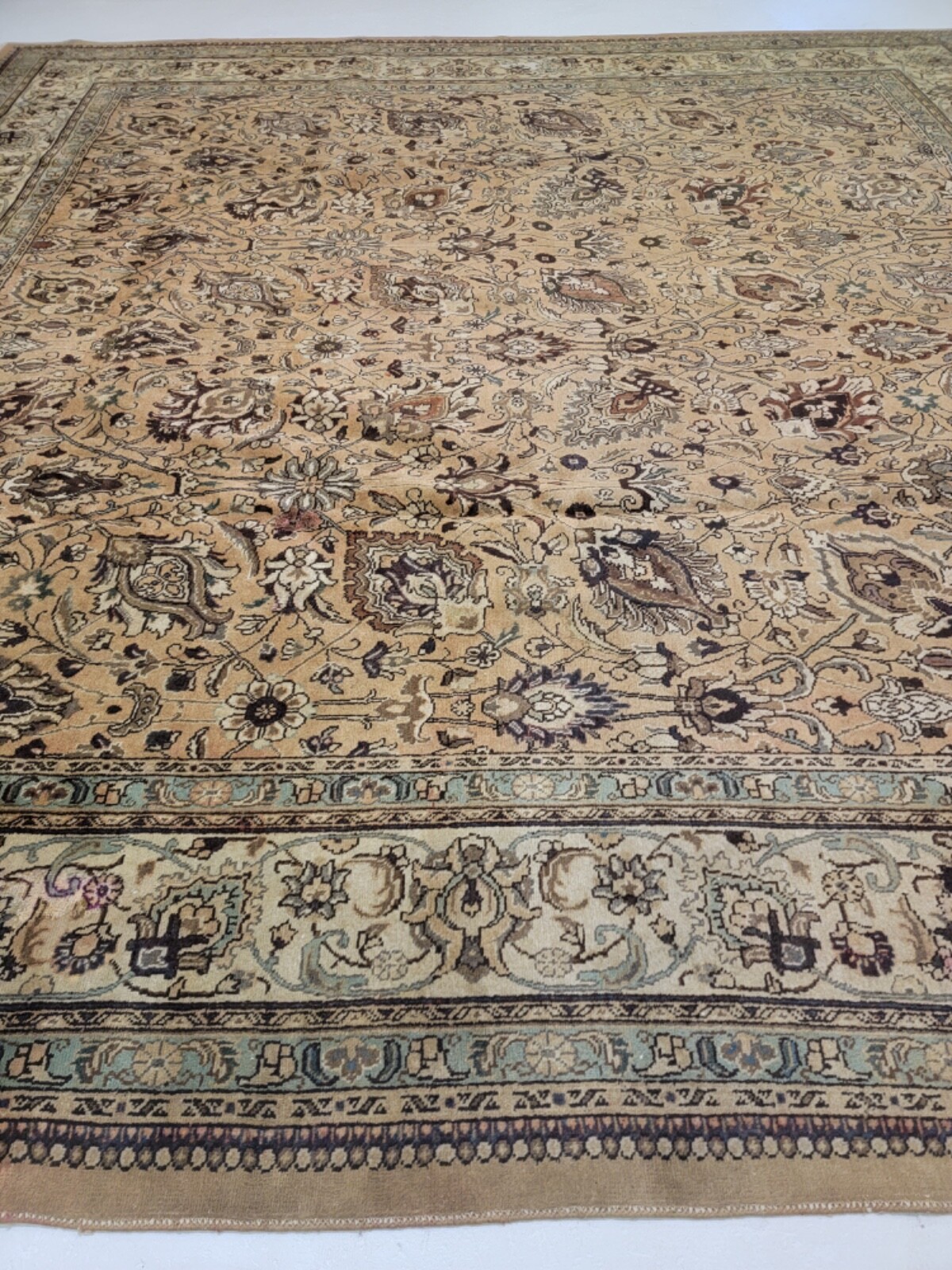 Antique Oriental Hand-Knotted Wool Area Rug Square Beige/Ivory 12’10” x 13’2″