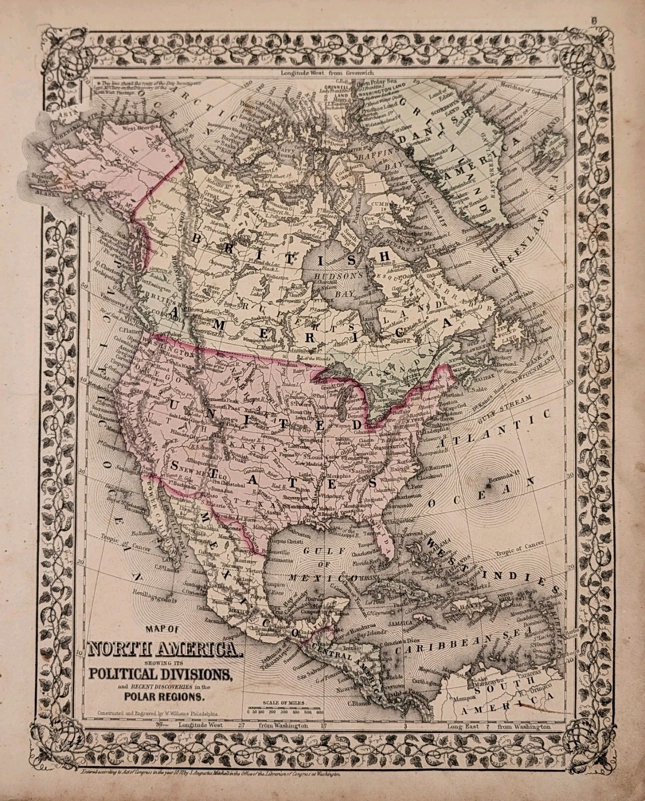 1873 NORTH AMERICA Map United States – Canada – Mexico – West Indies 13.5×10.5