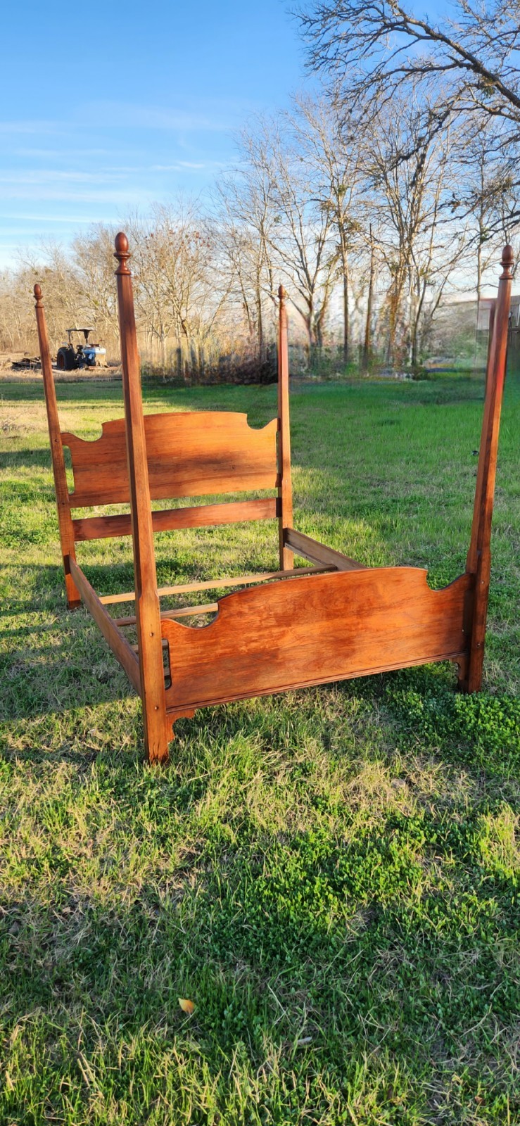 Antique Colonial Four Poster Wood Bed Frame Full Size with Carvings, 1850-1899