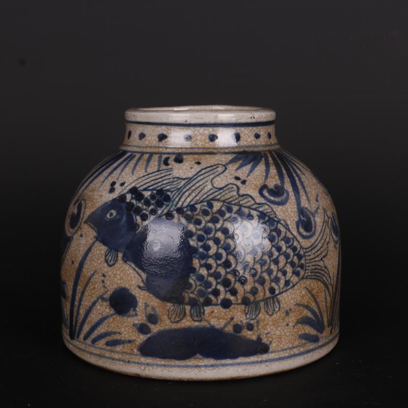 4.92″ Chinese Blue and White Porcelain Jar Ming Jiajing Fish Pattern Pot Decor