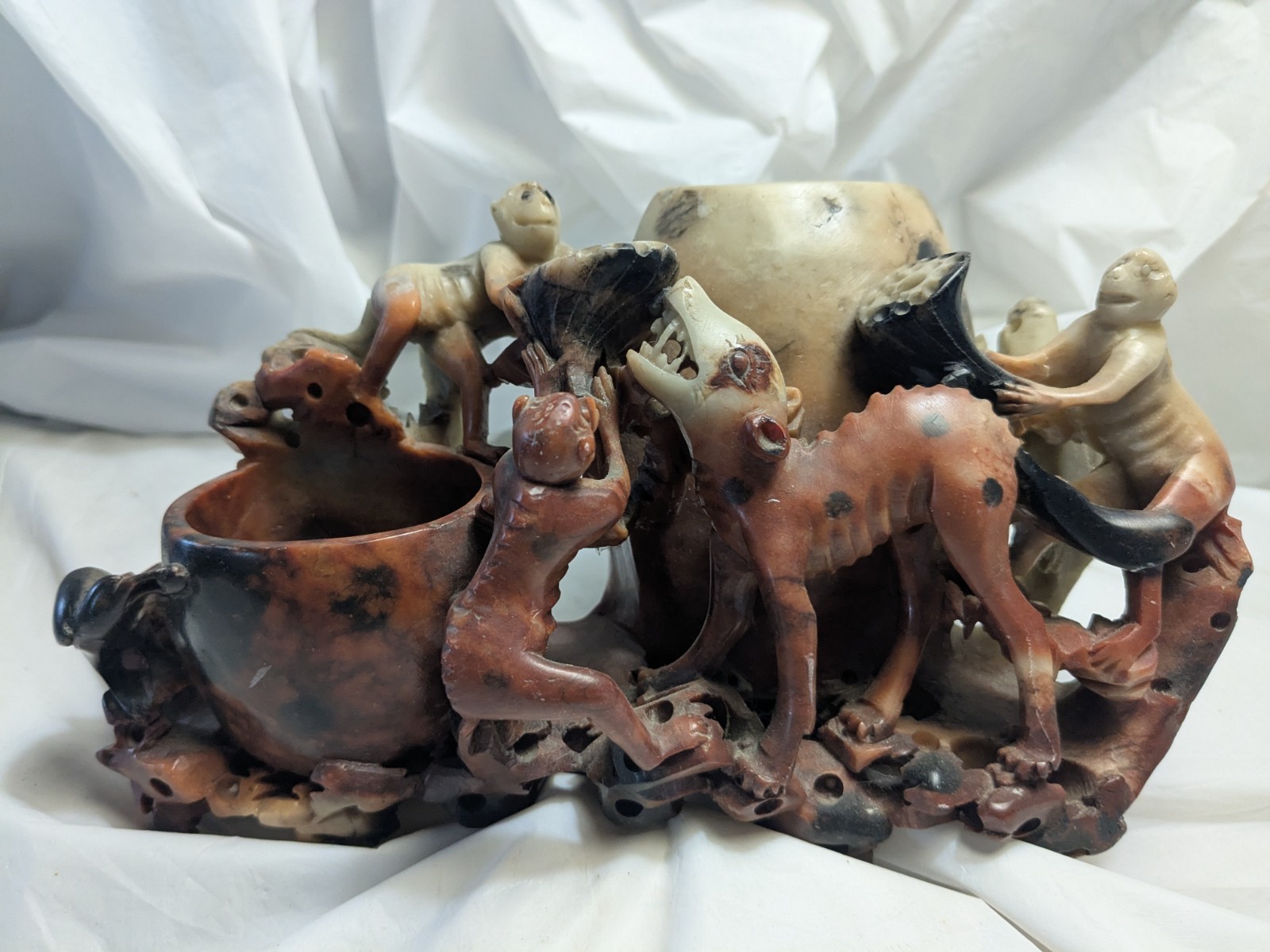 Antique Chinese Figural Carved Soapstone Double Vase Old Estate Vintage Animals