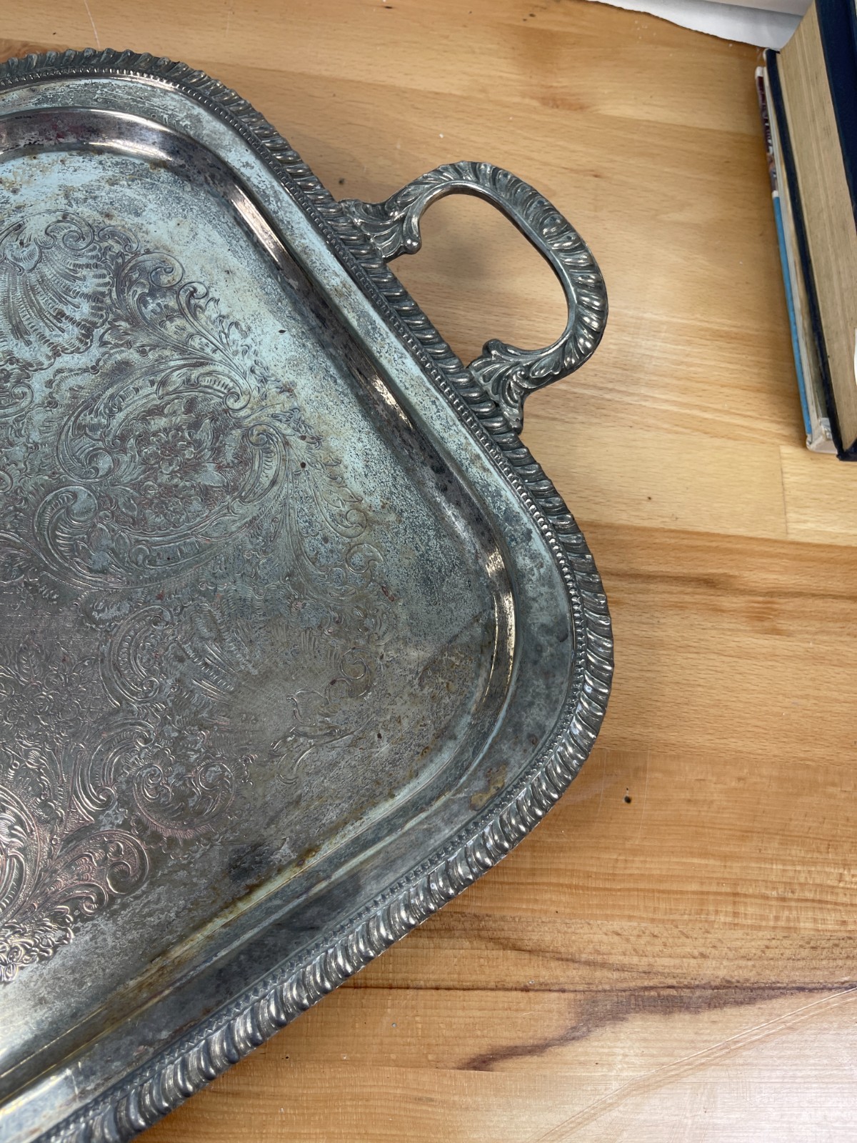 Antique Silver on Copper Serving Tray Ornate Engraved Handles Patina