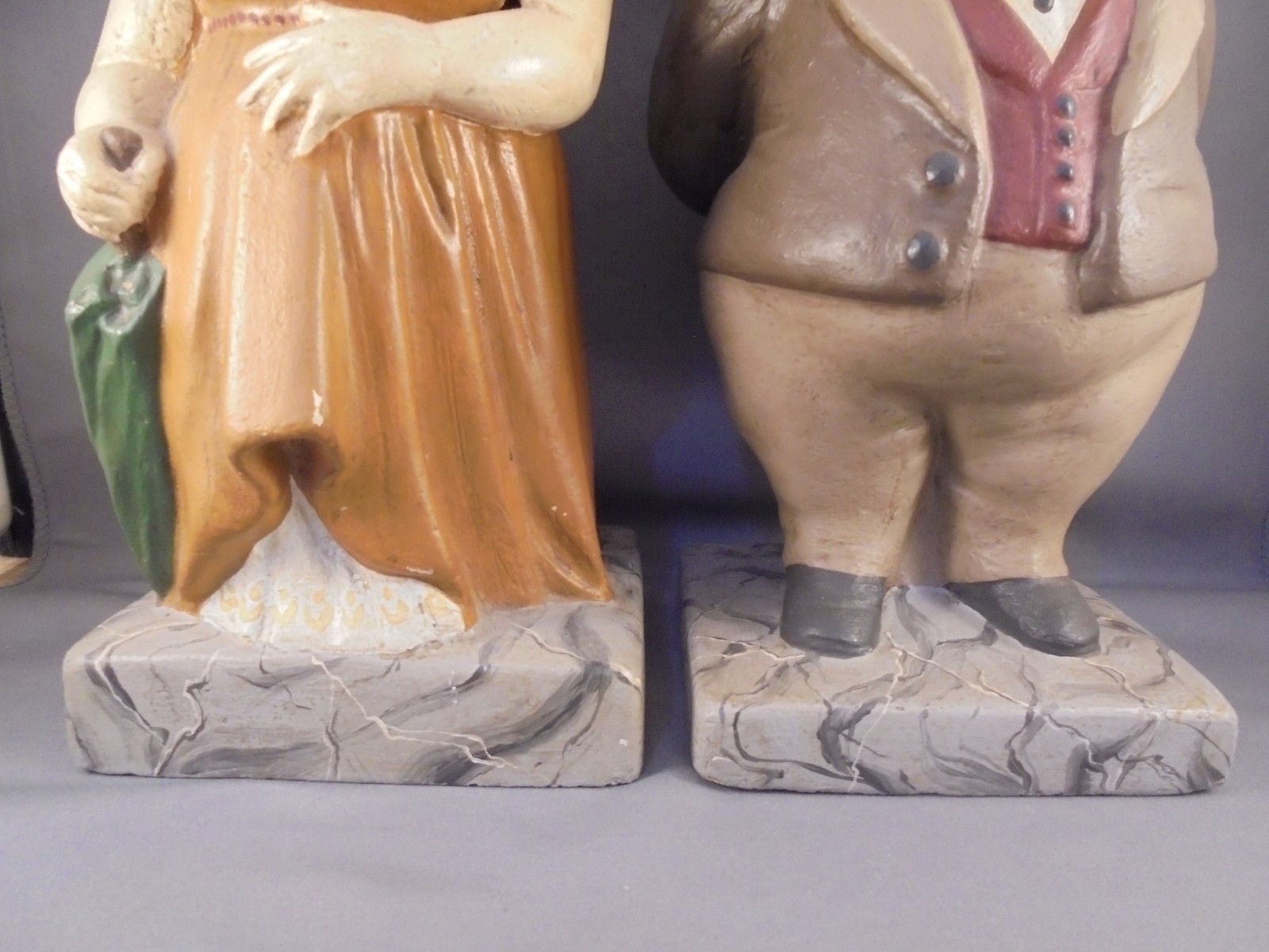 Antique Vintage Painted Chalkware Man & Woman Figures Marbled Bases 11″