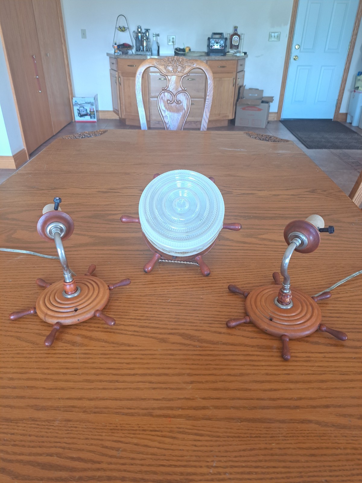 Nautical Boat Ships Wheel Ceiling Light Wall Fixture & 2 Matching Wall Sconces