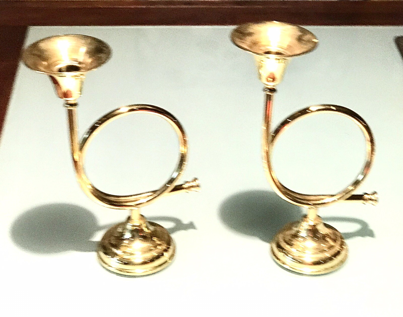Pair Vintage Antique Brass Trumpet Figural Candlestick Candelabra Candle Holder
