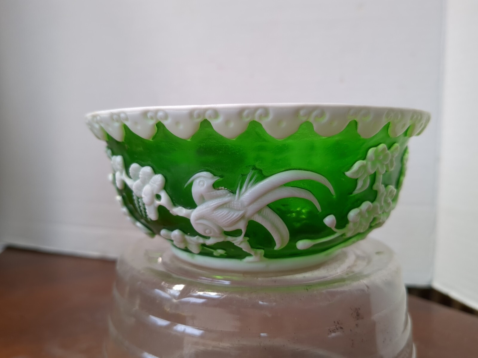 Vint. Chinese Pecking Glass Mini Green Bowl W/ White Overlay Of Birds Flowers