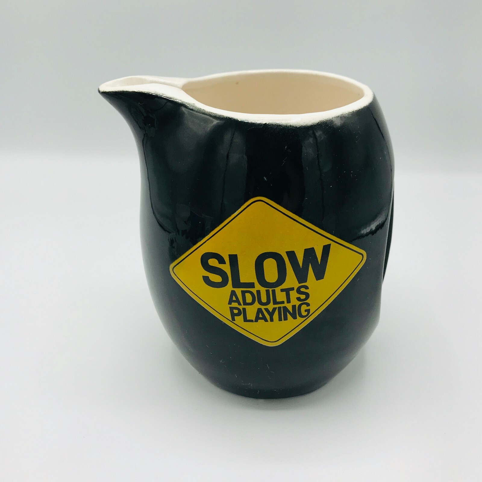 Mid Century Modern Slow Adults Playing Pitcher 6″ Tall Juice Jar Pottery Ceramic
