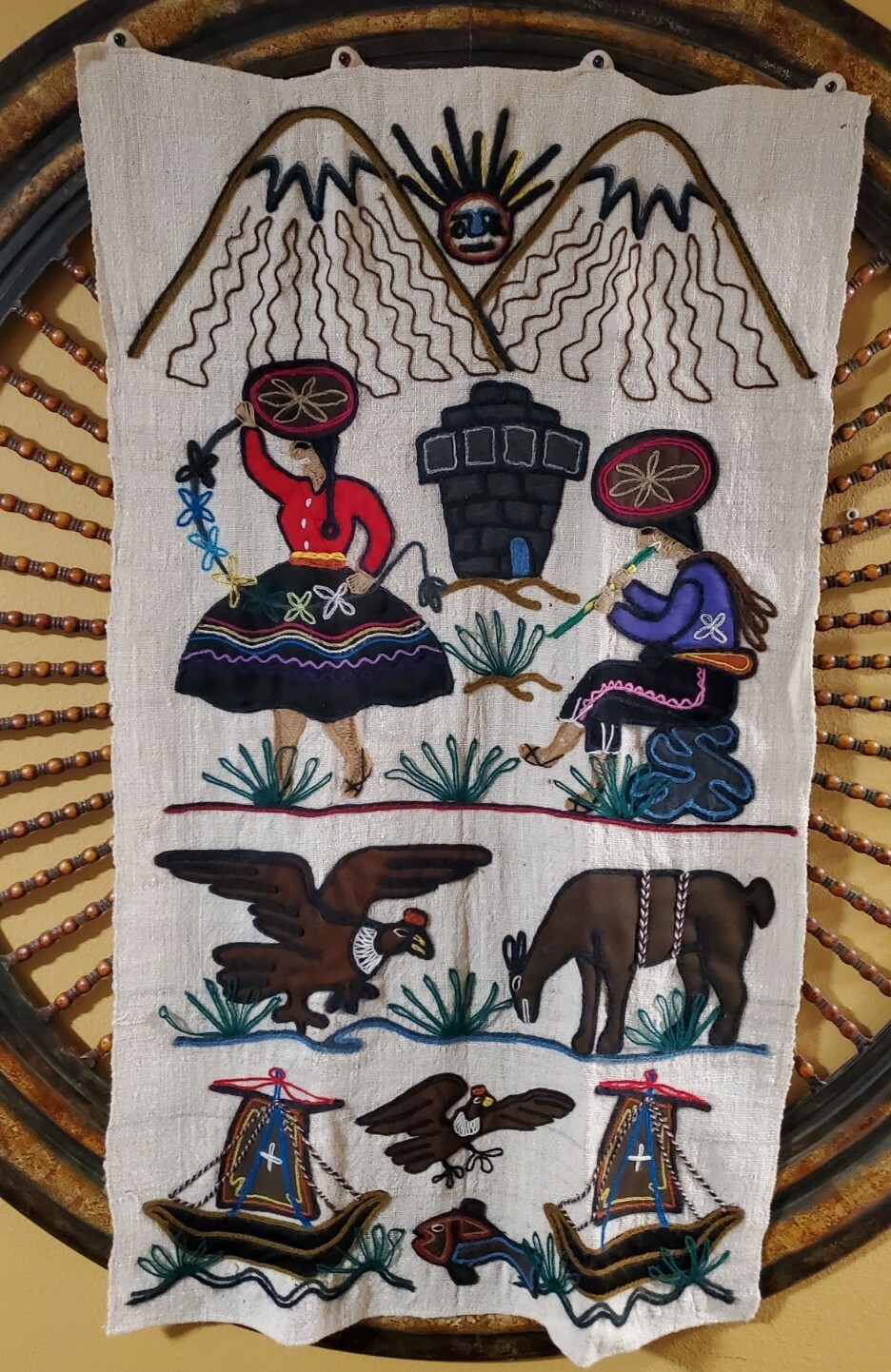 Vintage Peruvian Village Folk Art Handmade Wool Wall Hanging Tapestry 24” X 41”