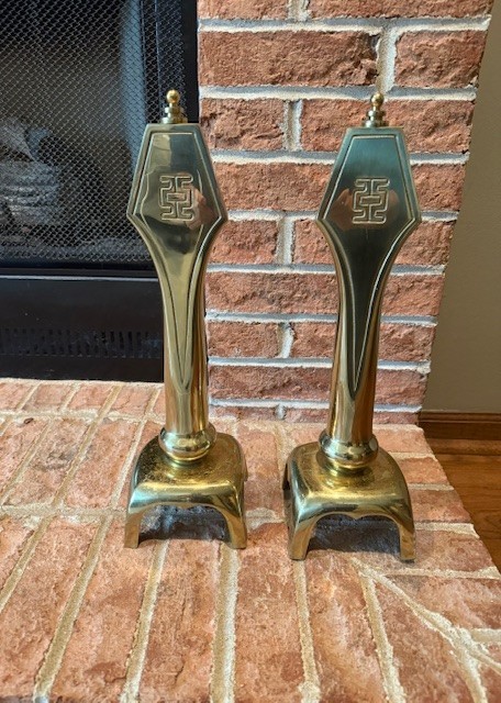 Pair Sunset Brass Fireplace Andirons Chenets Mid Century Modern H 17″