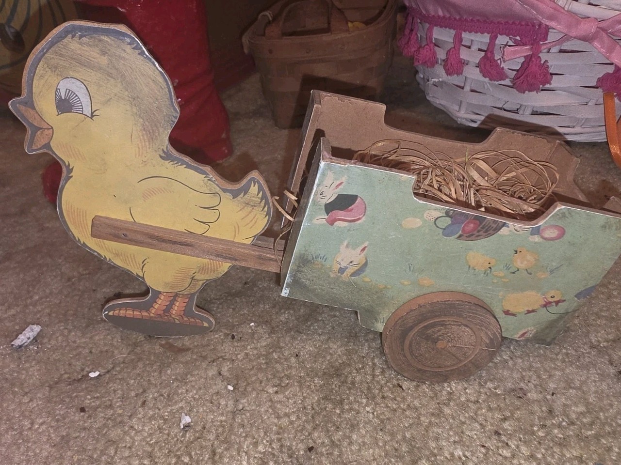 Primitive Wooden Spring Easter Chicken Chick Pulling Cart Vtg Style Decor AS IS