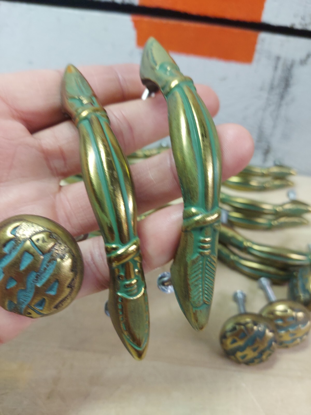 Vintage Lot Of 14 Brass Drawer Handles With An Arrow & 4 Brass Knobs With Fish