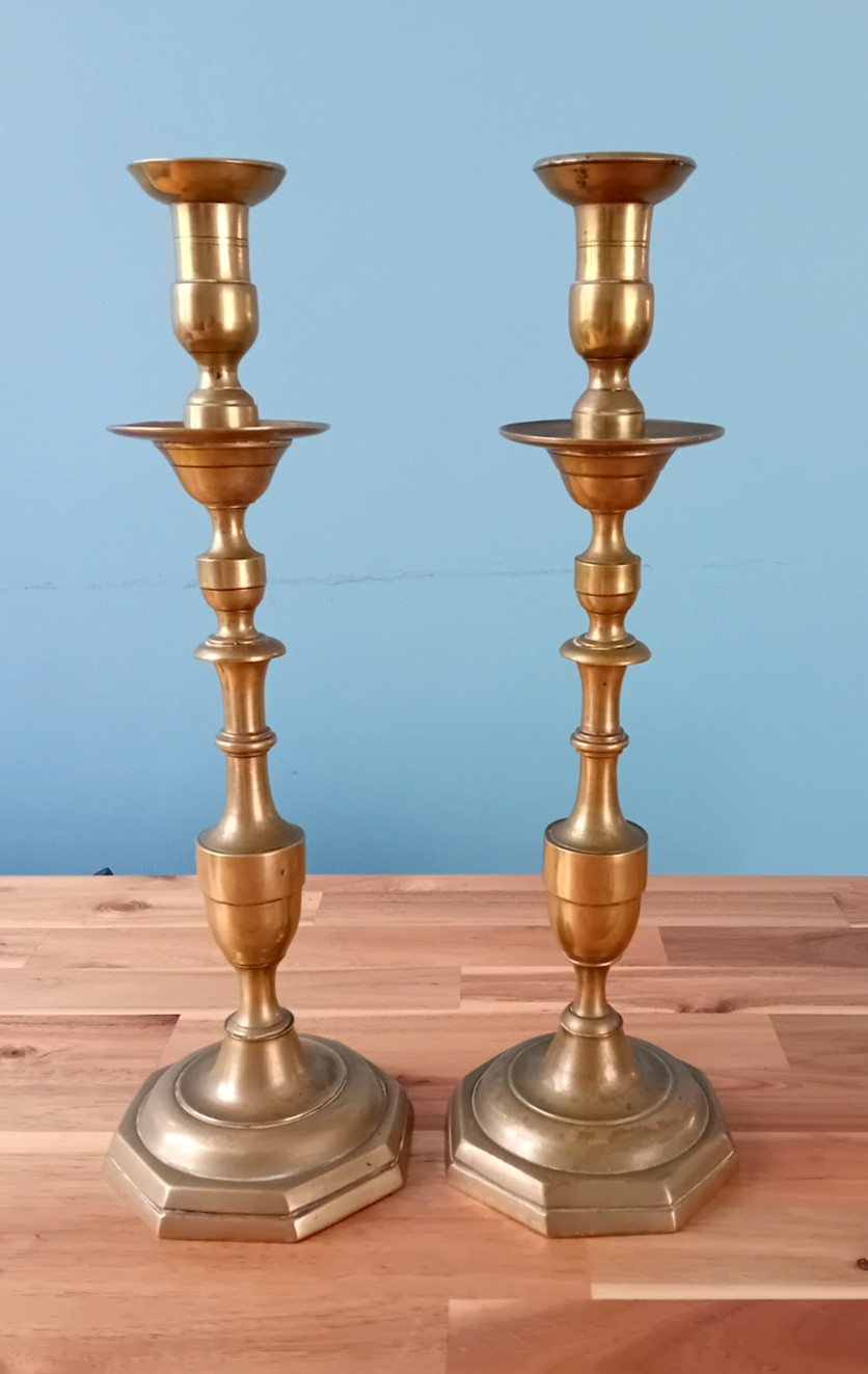 Tall Heavy Pair Antique Brass Candlesticks