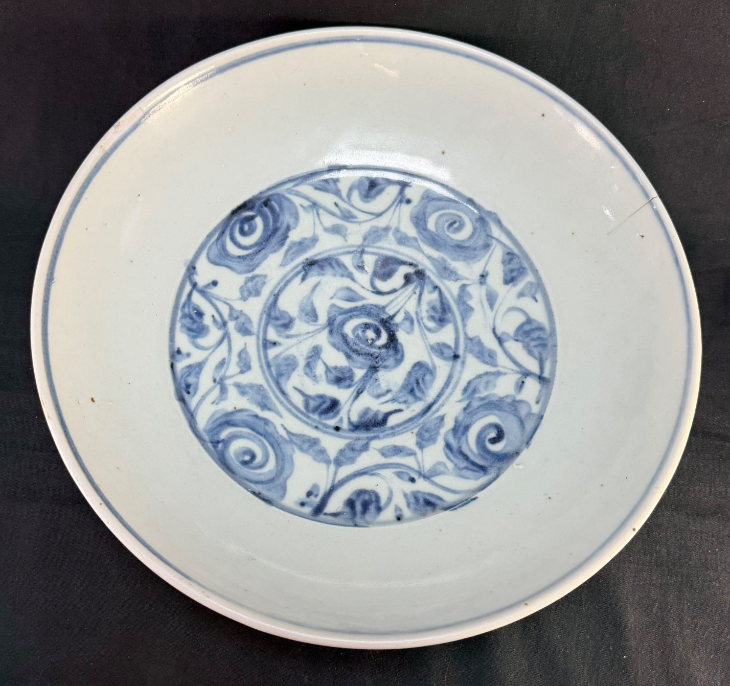 16C Chinese Ming Dynasty Blue & White Flower Motif Large Pottery Plate (AHB)