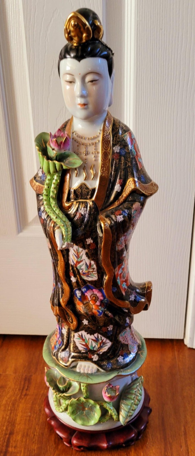 Chinese Japanese Kwan Yin Statue Famille Rose Noir Large 22″ Immortal Rare HTF!