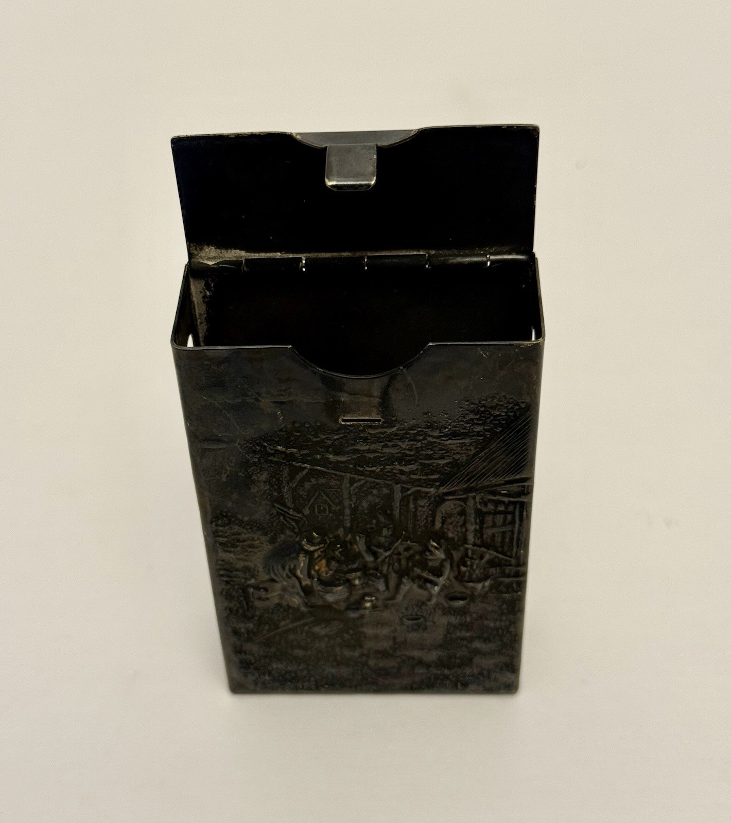 Vintage Hans Jansen Hammered Silverplate Cigarette Case Repose Design Scene D-7.