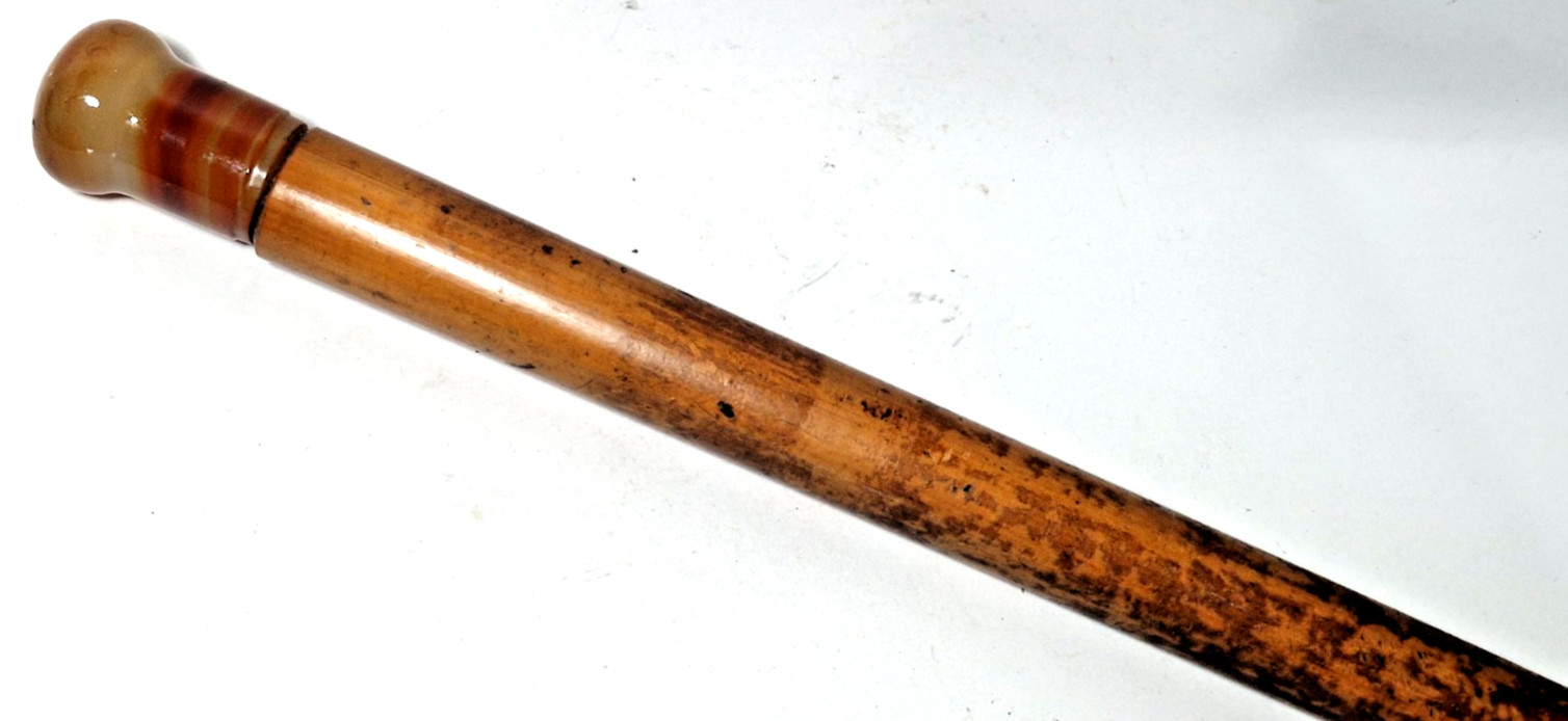 ANTIQUE MALACCA WALKING STICK CANE BANDED AGATE POMMEL 32.5″