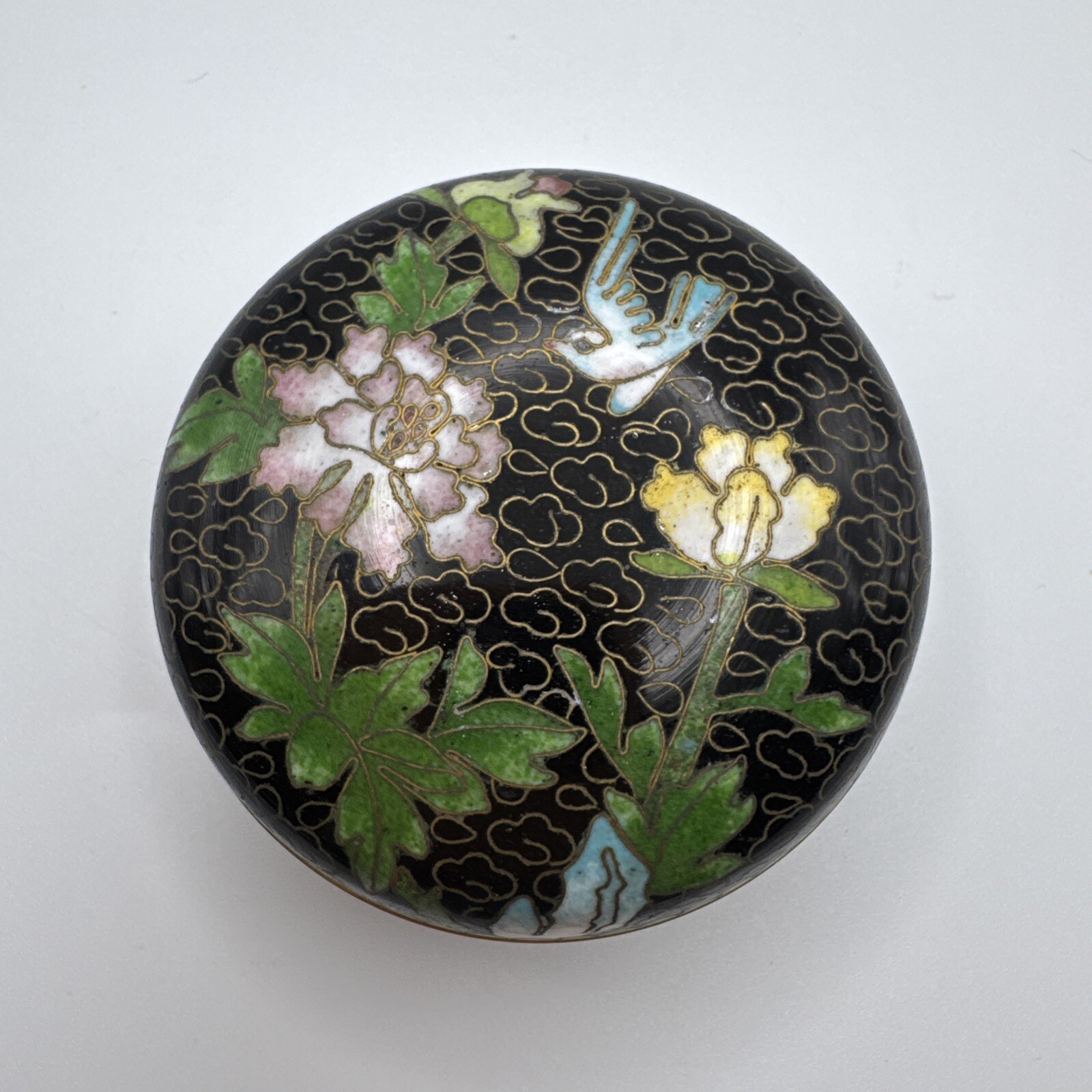 Chinese Cloisonne Small Lidded Powder Jar Enamel Floral Bird Trinket Dish Vtg