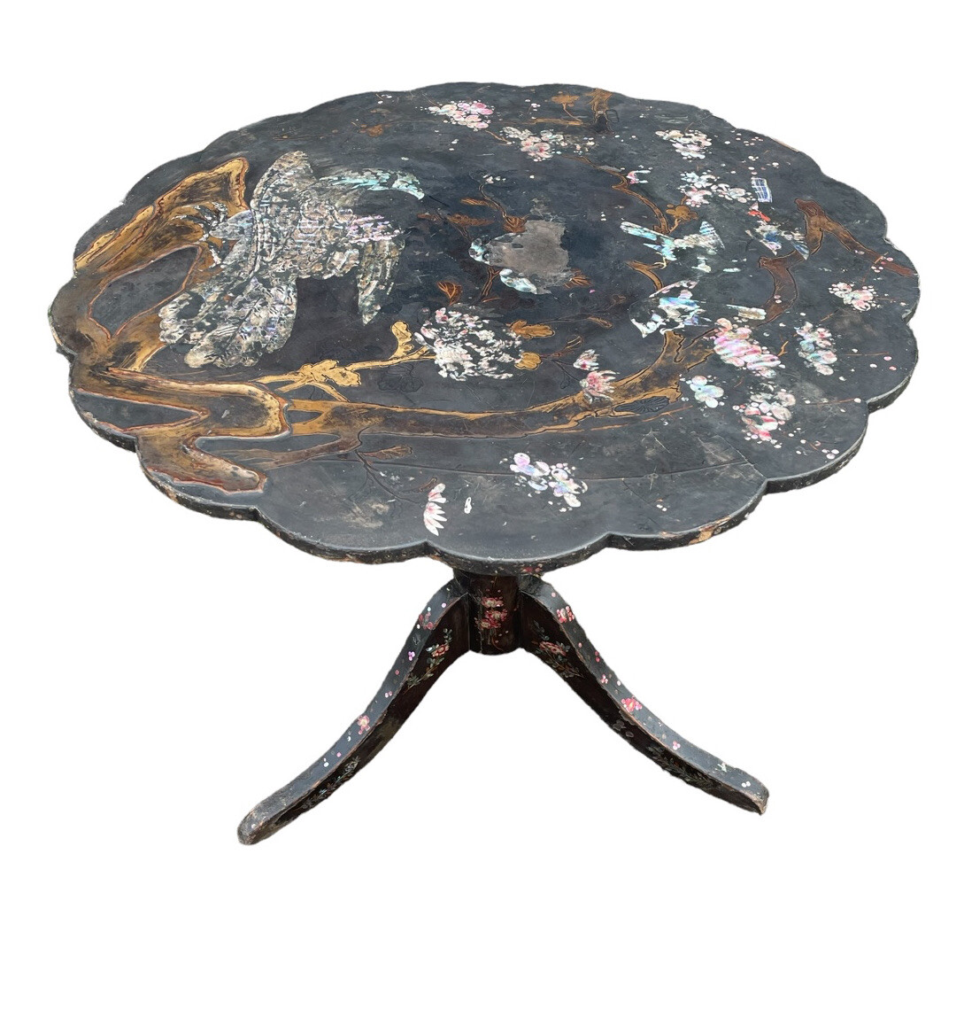 ANTIQUE EBONISED HAND PAINTED & MOTHER OF PEARL OCCASIONAL TABLE 19th CENTURY