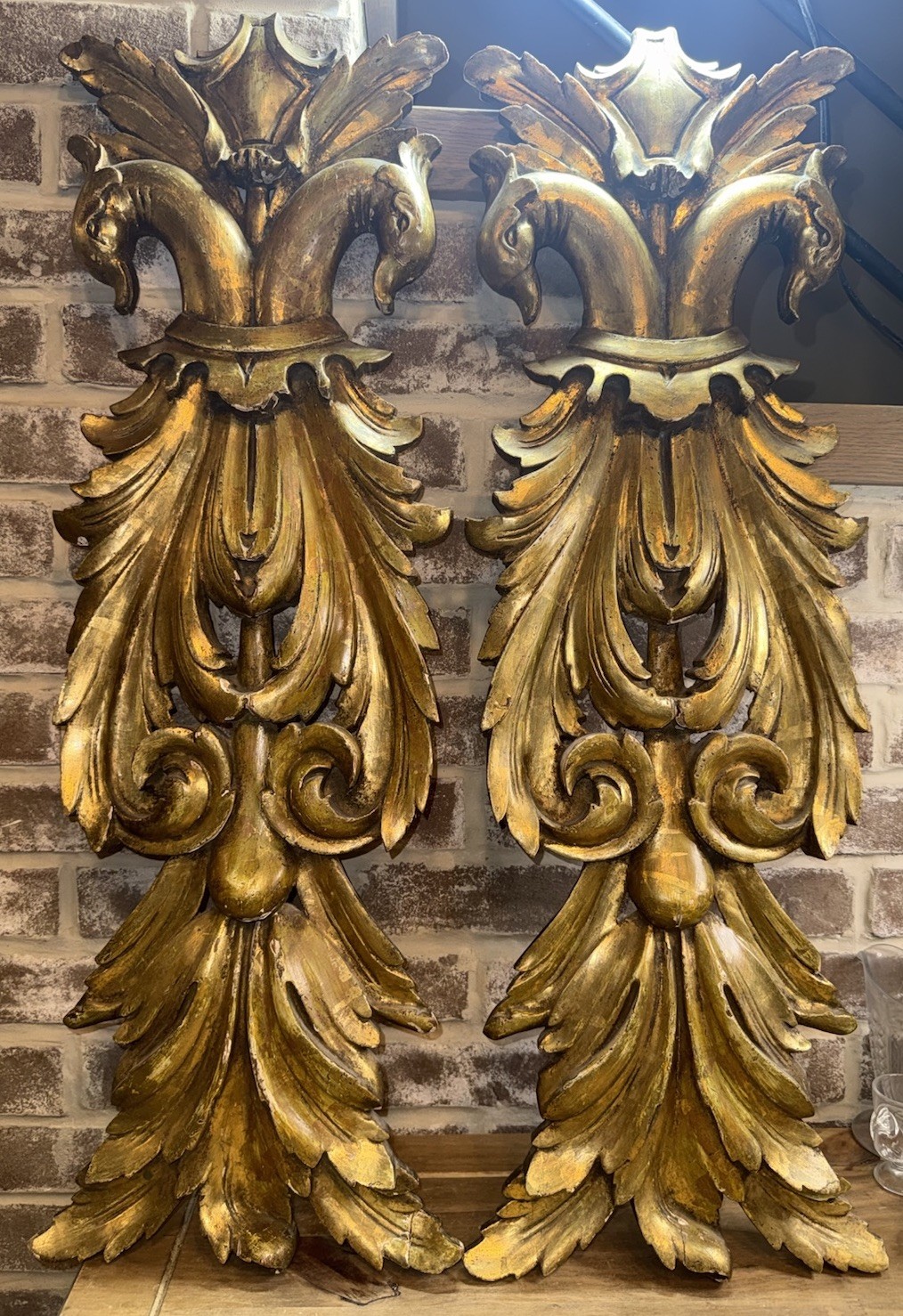 pair of French-style giltwood pediments Vintage Syroco Wood Figural Peacock Gold