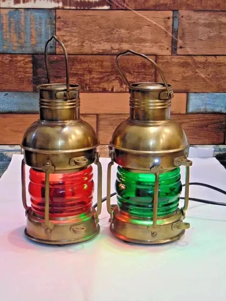 Electric Nautical Lantern 10″ Marine Hanging Red Green Light Brass Tone Decor