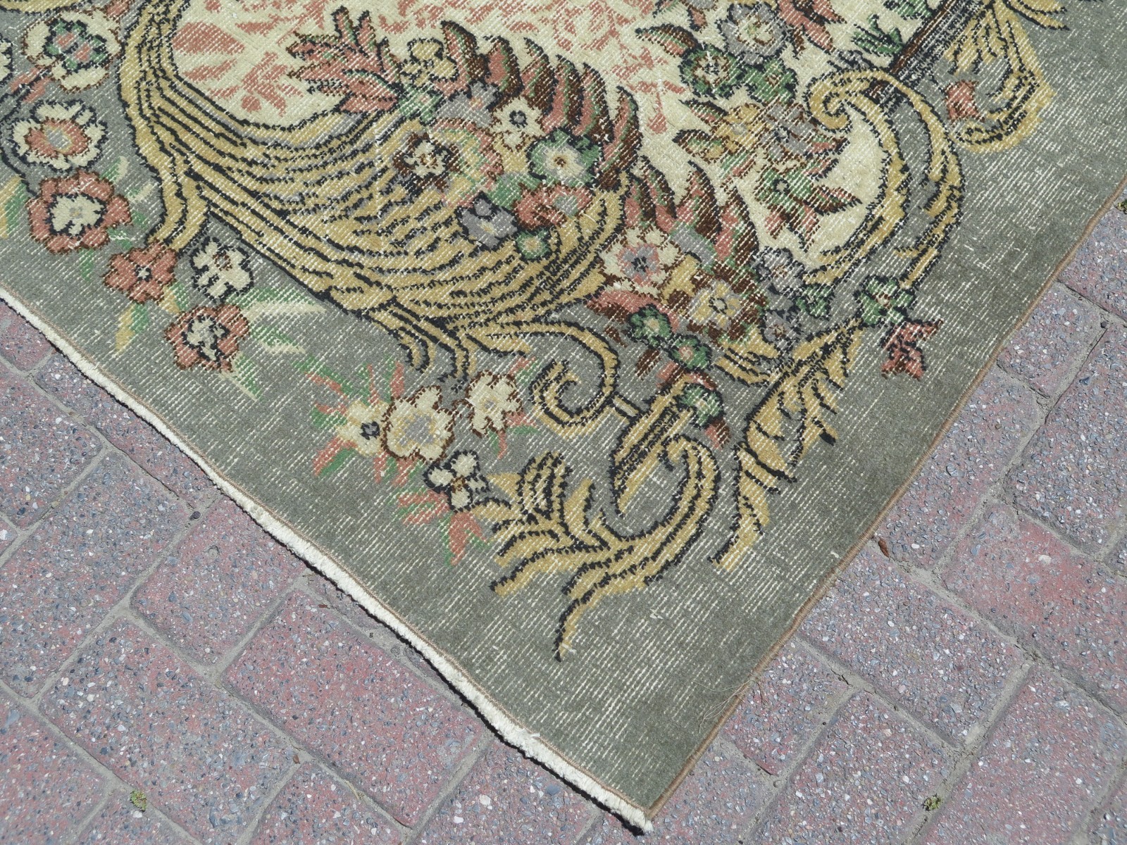 Sage Green Vintage Distressed Turkish Large Carpet, Handmade Wool Rug 70″x114″