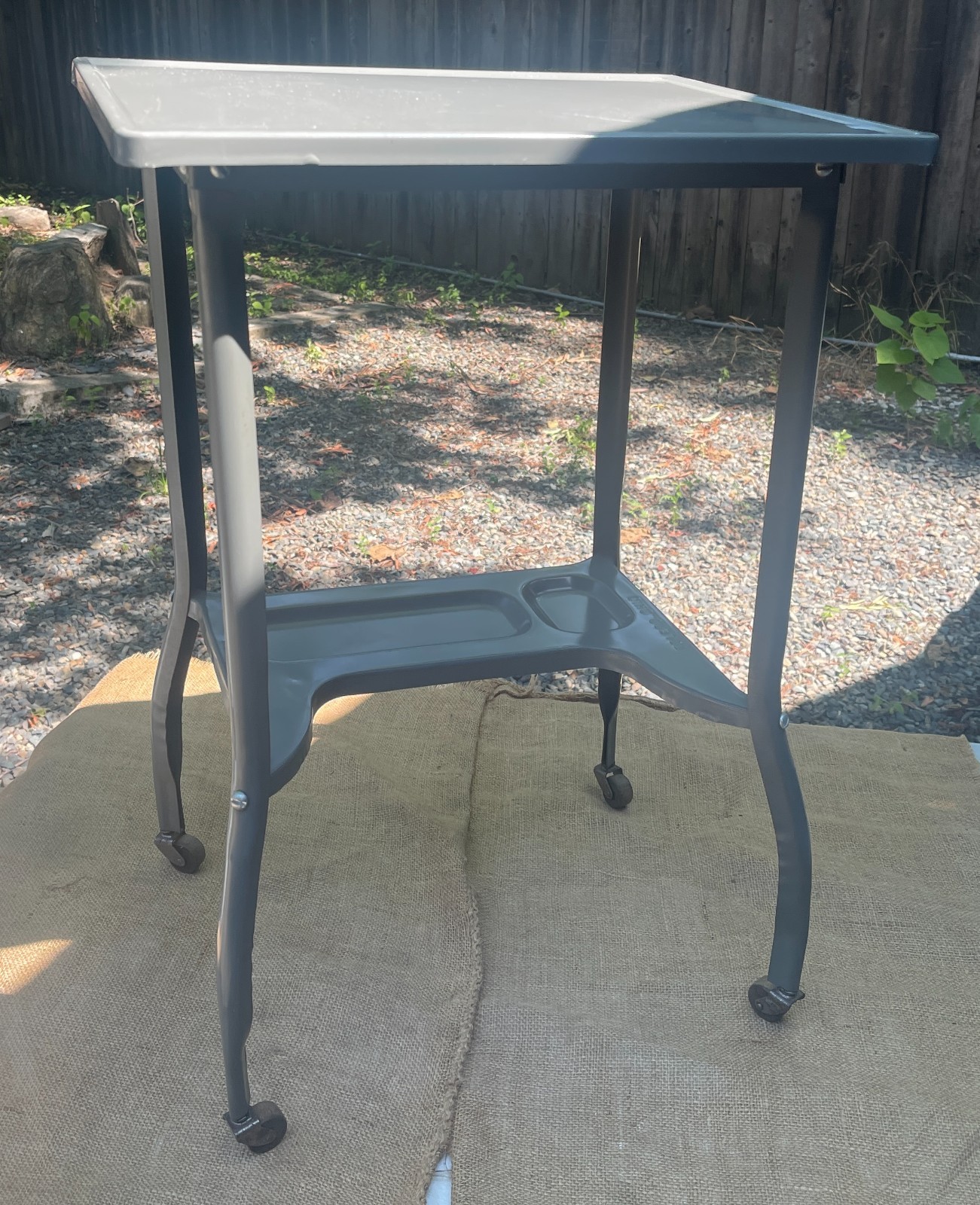 VTG MCM Industrial grey metal typewriter stand set on rolling casters. 1950s/196