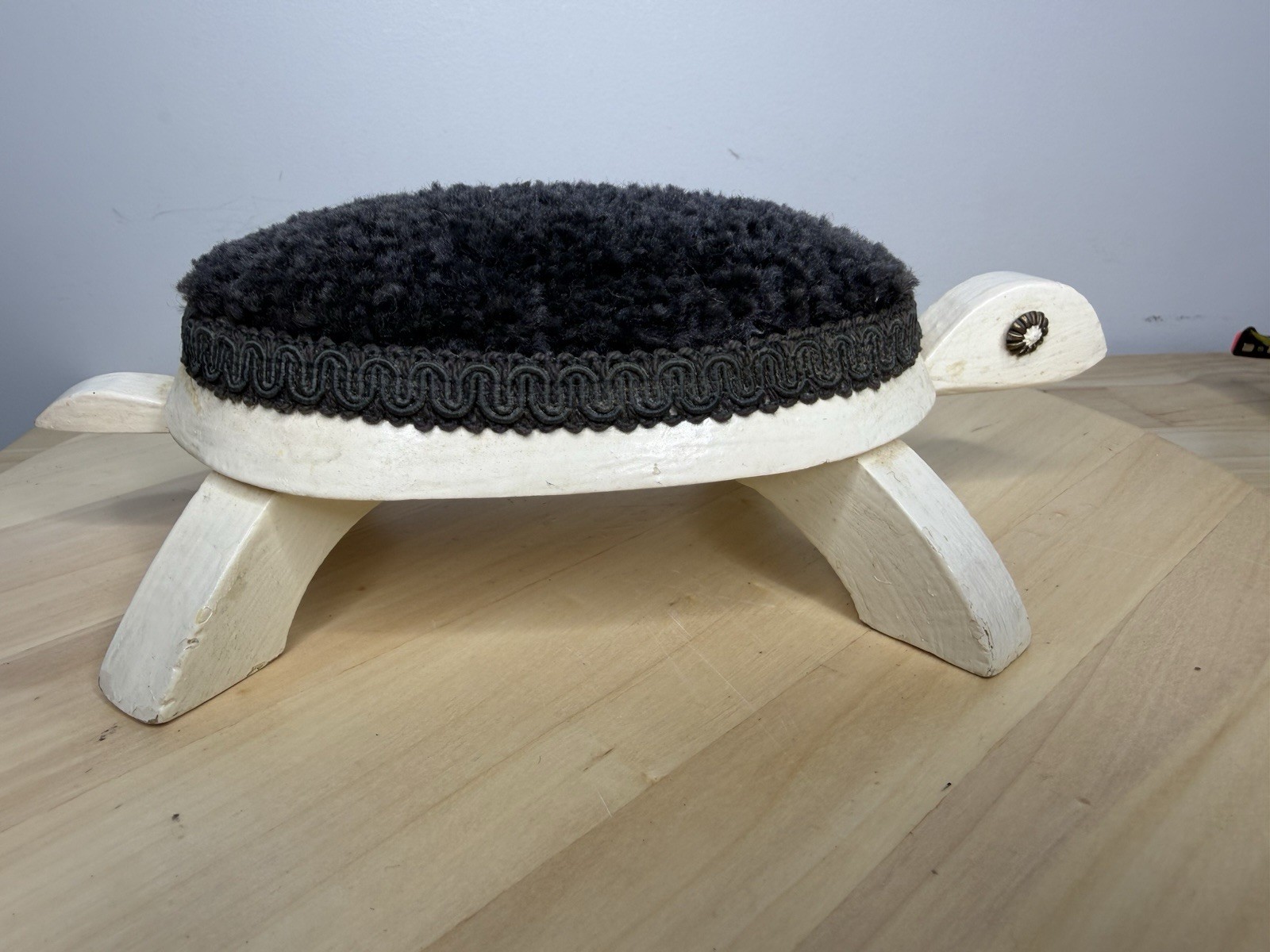 11″ Inch Handmade Wood Turtle Foot Stool Upholstered 70s
