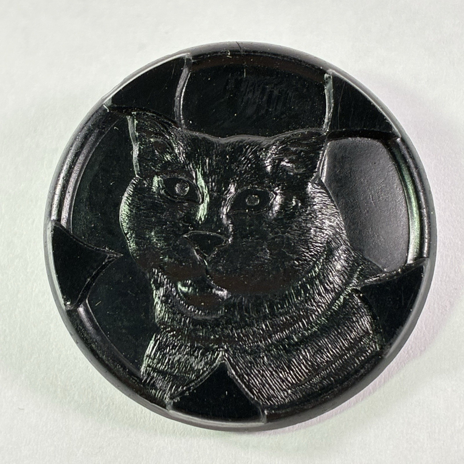 Antique Black Glass Picture Button Cat Head Face 1-1/16″ Rare