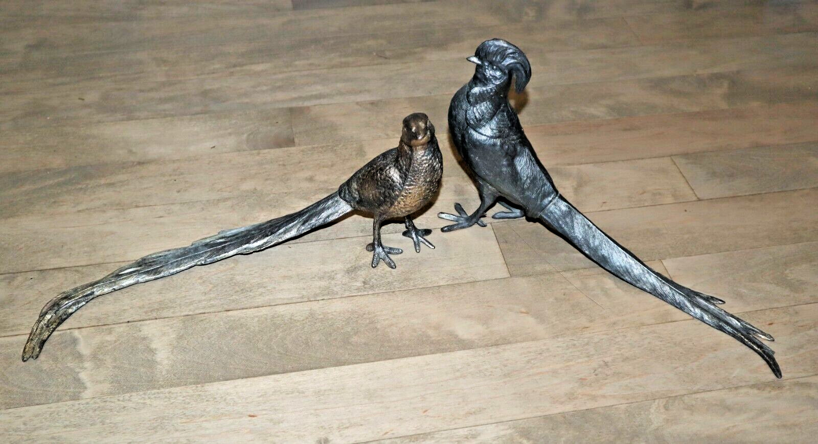 Pheasants Mating Pair | *Antique* PNCW 15″ Length Made in USA Bronze Silver Set