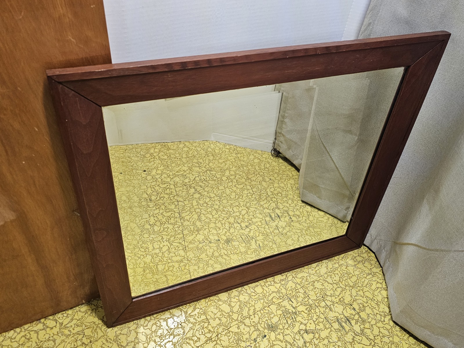 Antique Cherry Stain Mirror With Beveled Glass Large Mid Century Wall Mirror