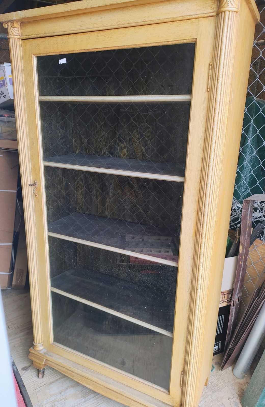antique furniture vintage beige bookcase with glass door front, lock and key