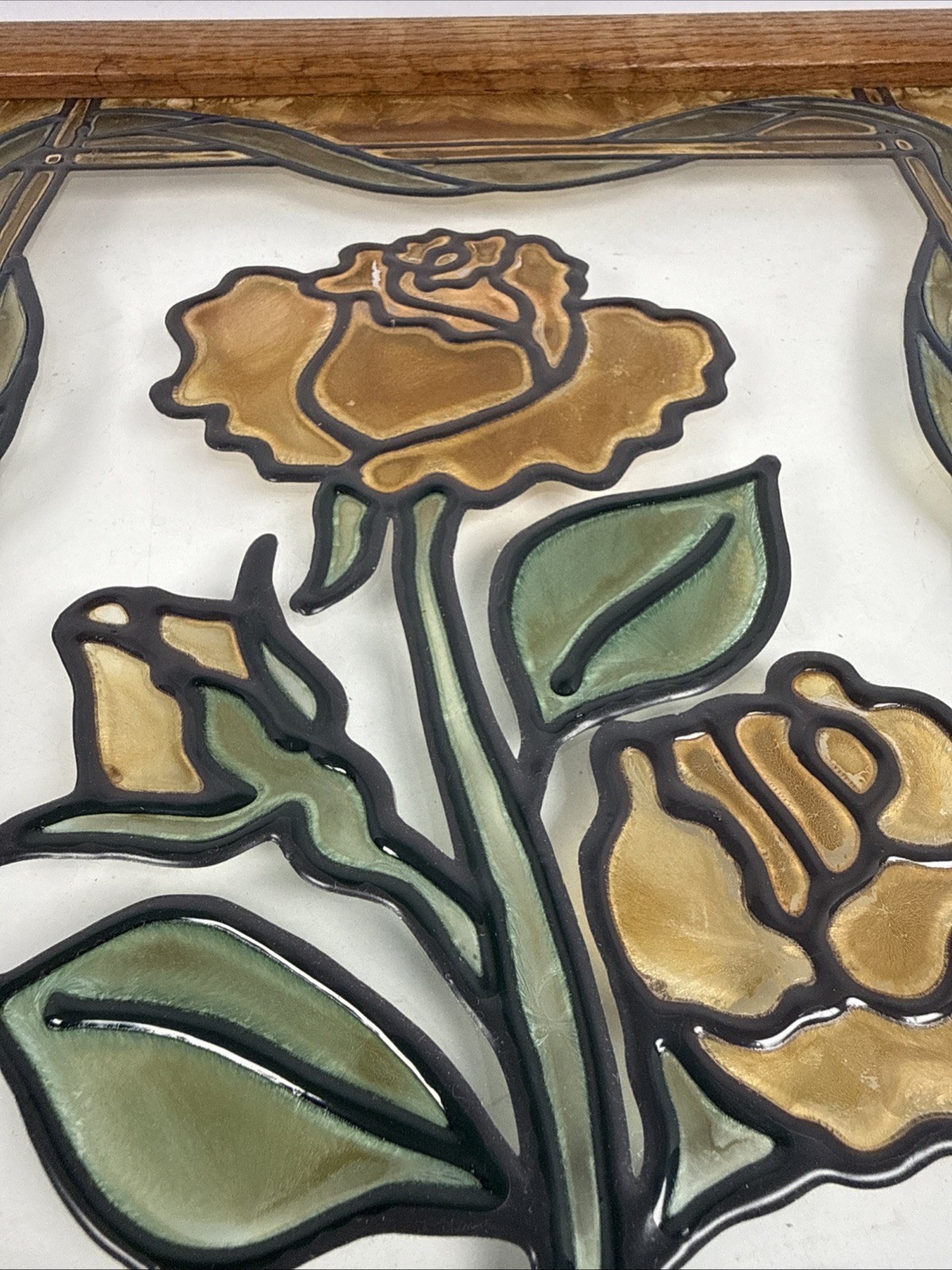 VTG Stained Glass Window Panel Hand painted Rose Flower Sun Catcher Wood 18×14