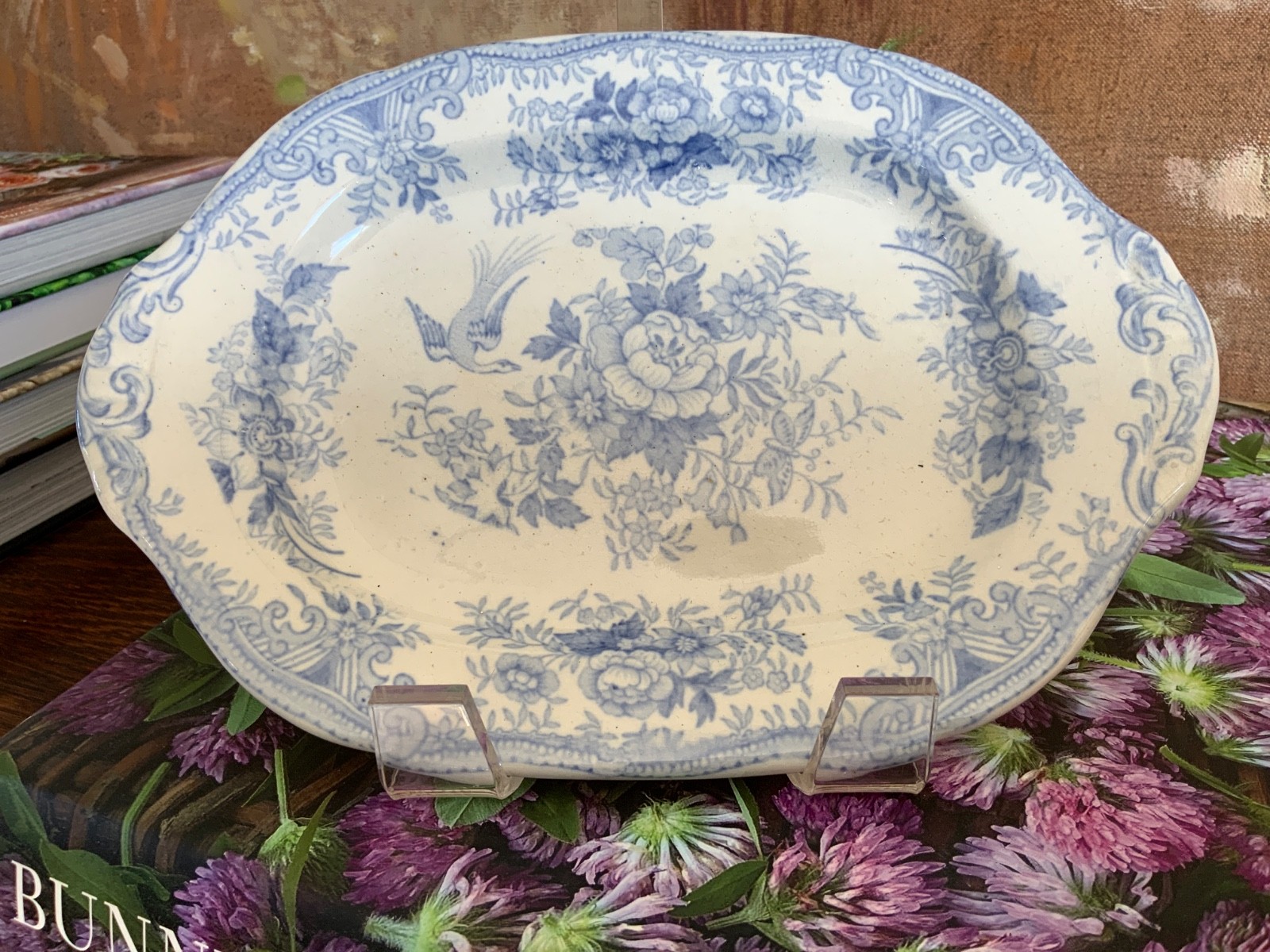 8 1/4” English Victorian Wedgwood Staffordshire Blue & White Asiatic Pheasants