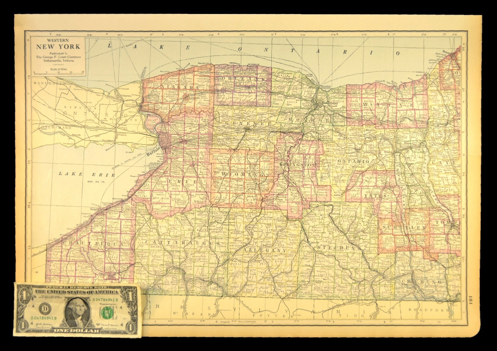 1920 Antique Western New York Map Counties Large Railroad Depot Towns NO FOLD