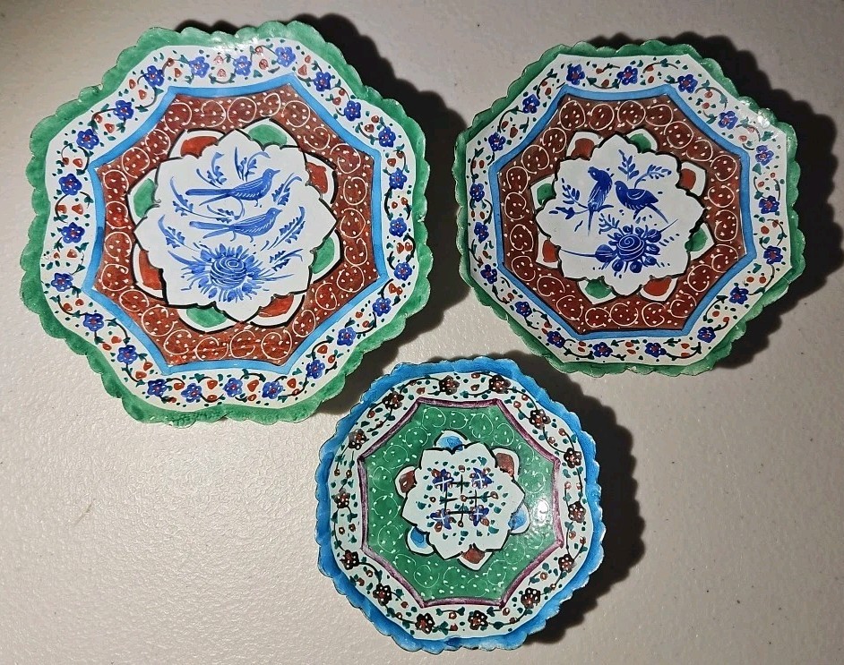 Decorative Copper Plate Hand-Painted with Persian Minakari Enamel Bird Details