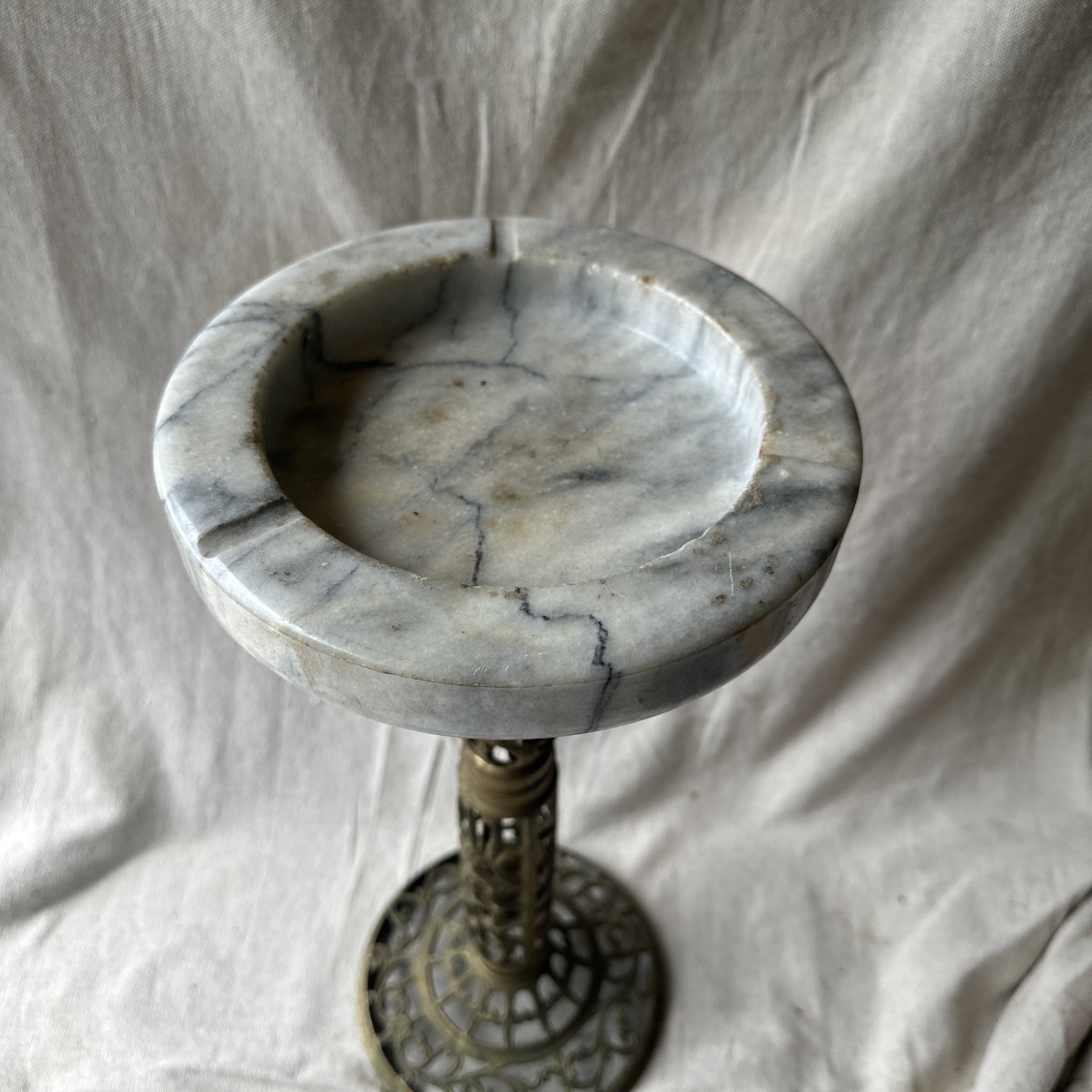 RARE Vintage Reticulated Solid Brass / Marble Top Freestanding Ashtray 17.75″