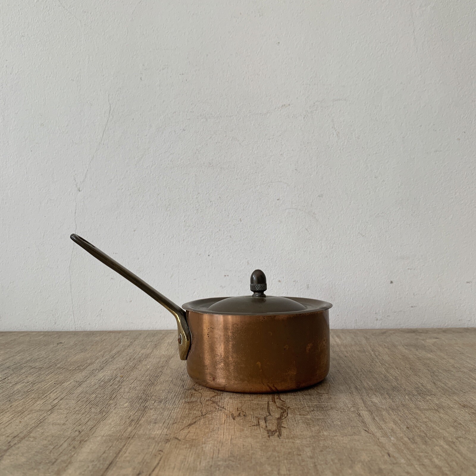 Antique Vintage Copper & Brass Handled Tin Lined Small Lidded Pan Cookware Decor