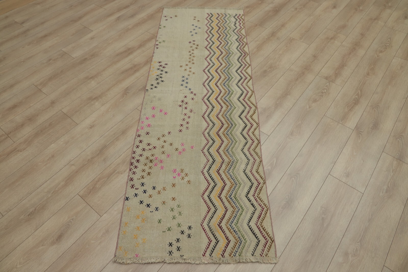 Turkish Beige Kilim Runner Rug Anatolian Handmade Ethnic Cappadocia Carpet 2x7ft