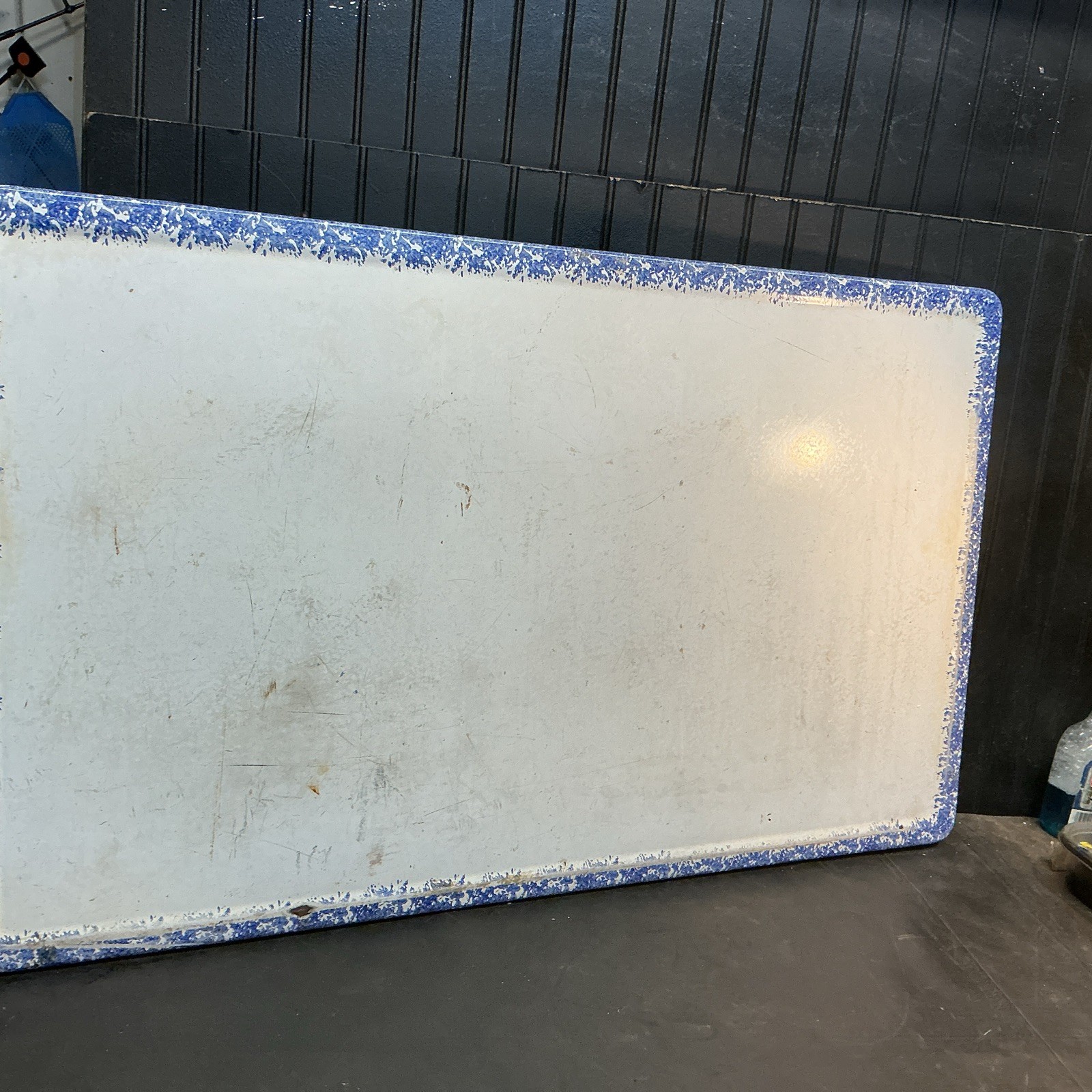 Vtg Antique PORCELAIN ENAMEL TABLE TOP 25×41.5”Counter Farm House Hoosier Blue
