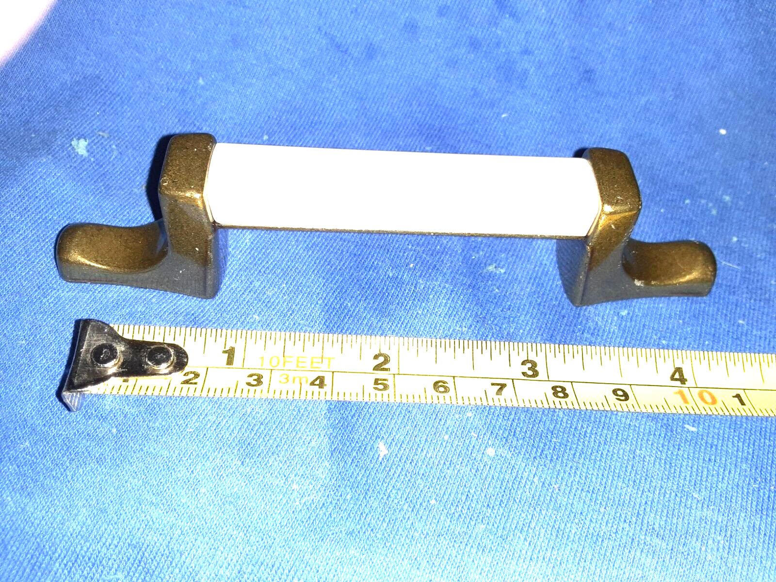 Vintage porcelain and brass drawer pull cabinet handles hardware 3 inch pattern