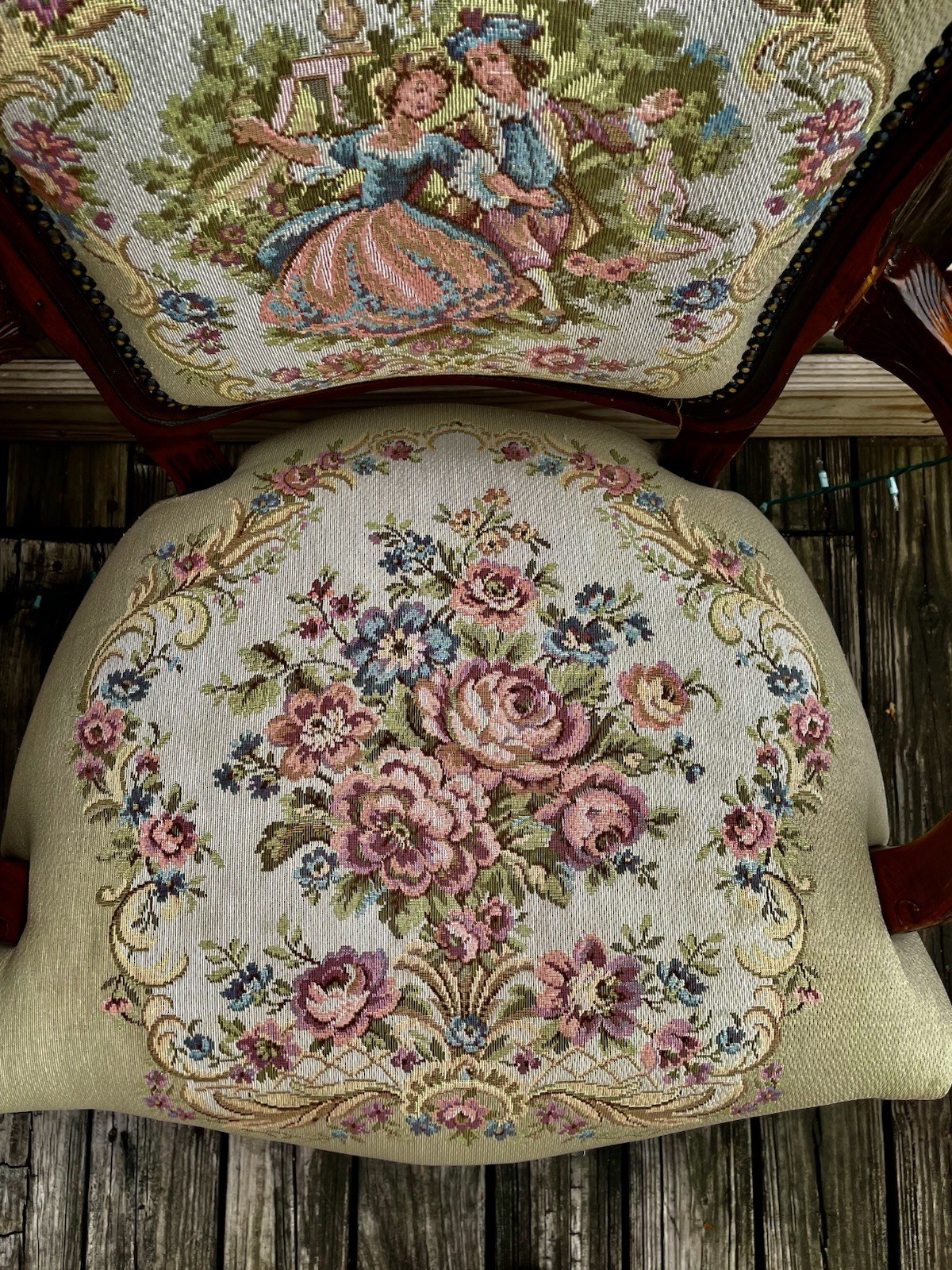 Vintage French Louis XV Style Needlepoint Arm Chair with Pink Pastoral Scene Tap