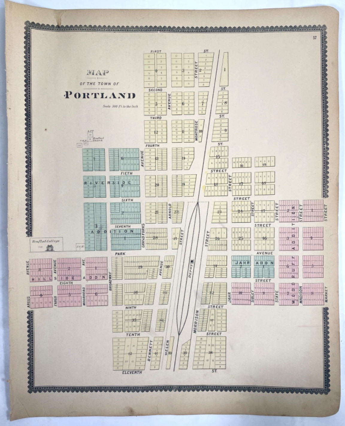 1892 NORTH DAKOTA towns PORTLAND, CALEDONIA & GALESBURG antique color map 14×18