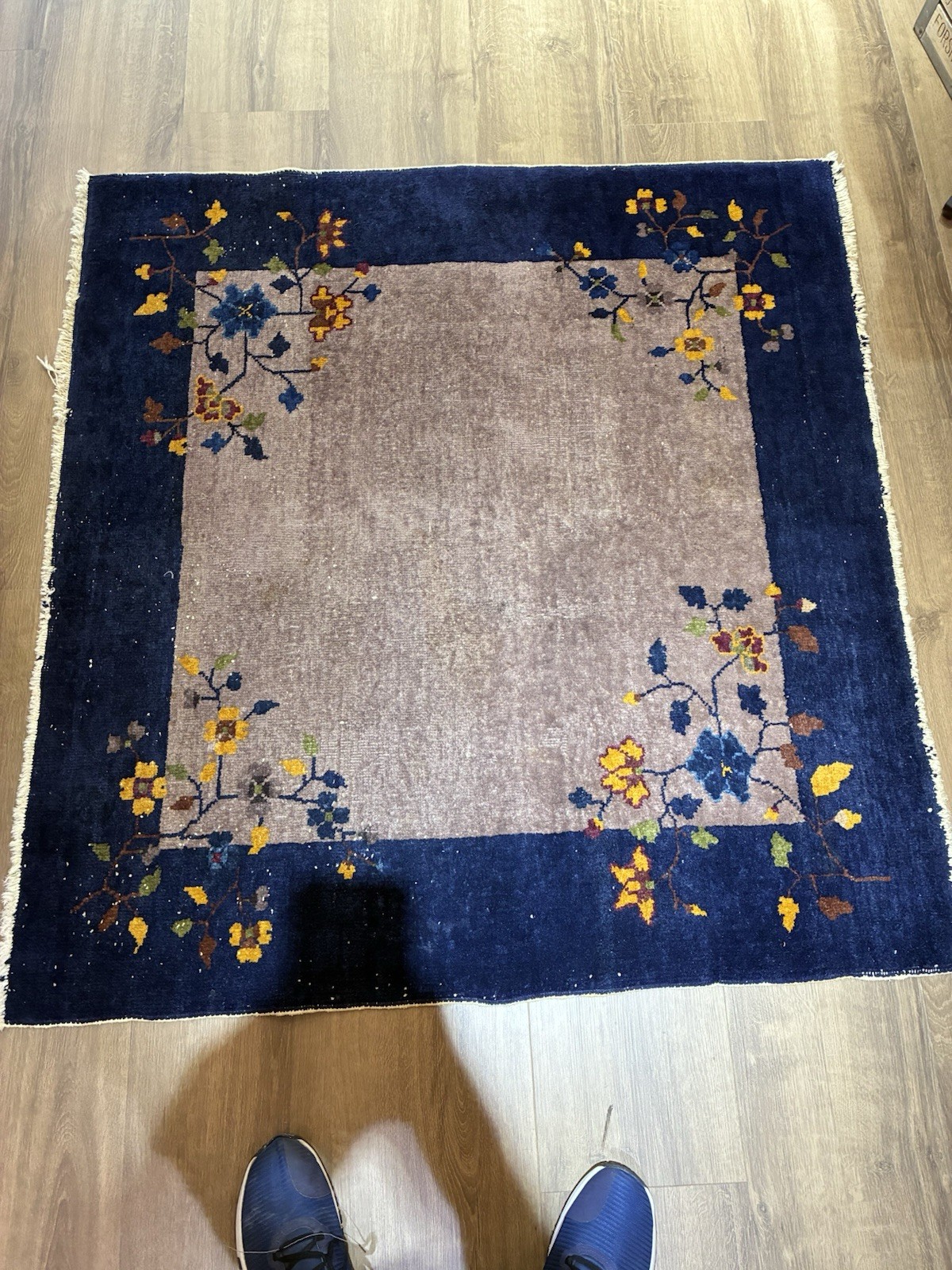 Old Art Deco Chinese Rug Floral Blue 48×48