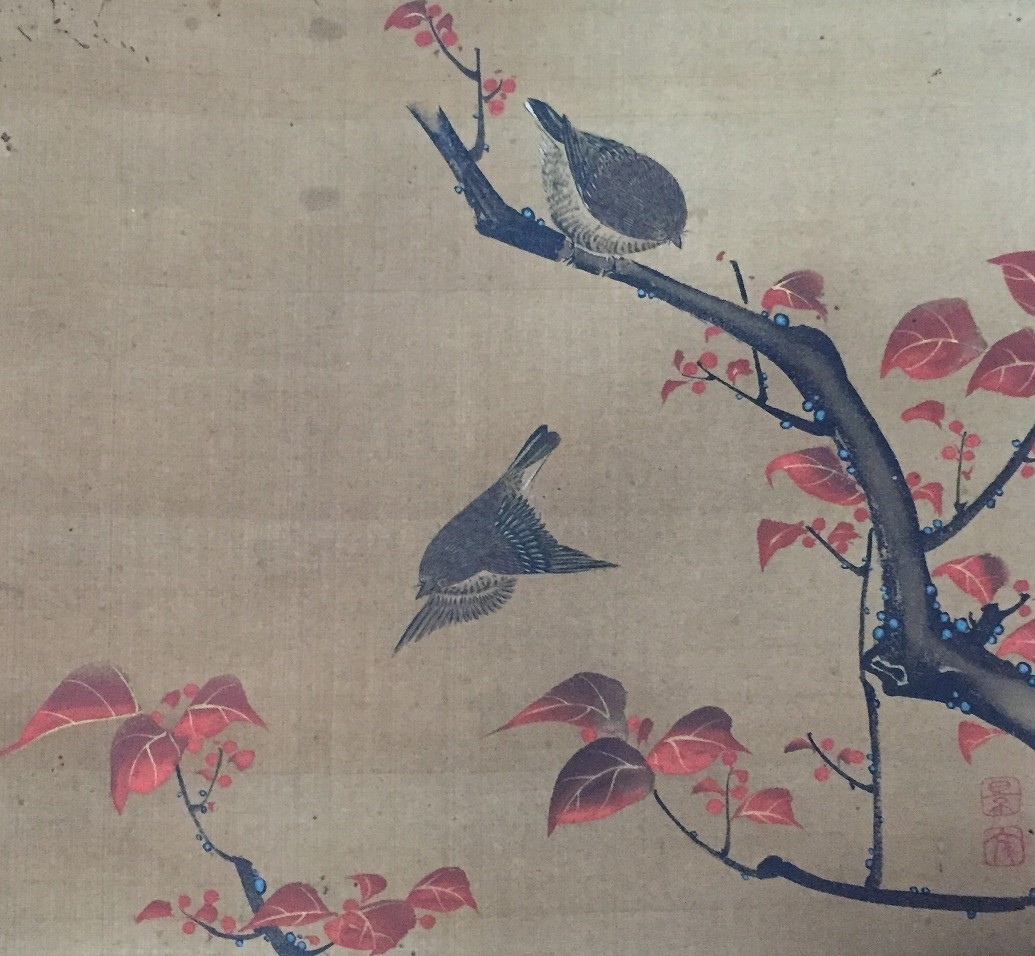 O1482 Vintage Japanese Birds Autumn Leaves Hanging Scroll Hand Painted Silk Art