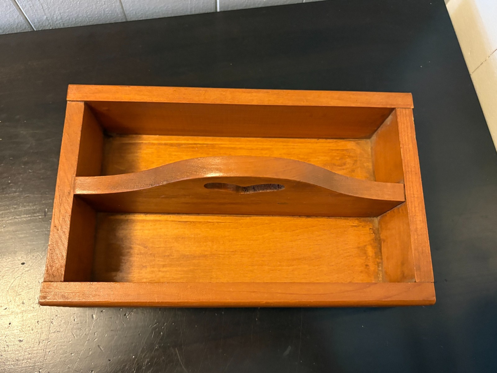 Vtg Primitive Wood Caddy Tote Heart Handle Divided Farmhouse Toolbox 10x6x2.5