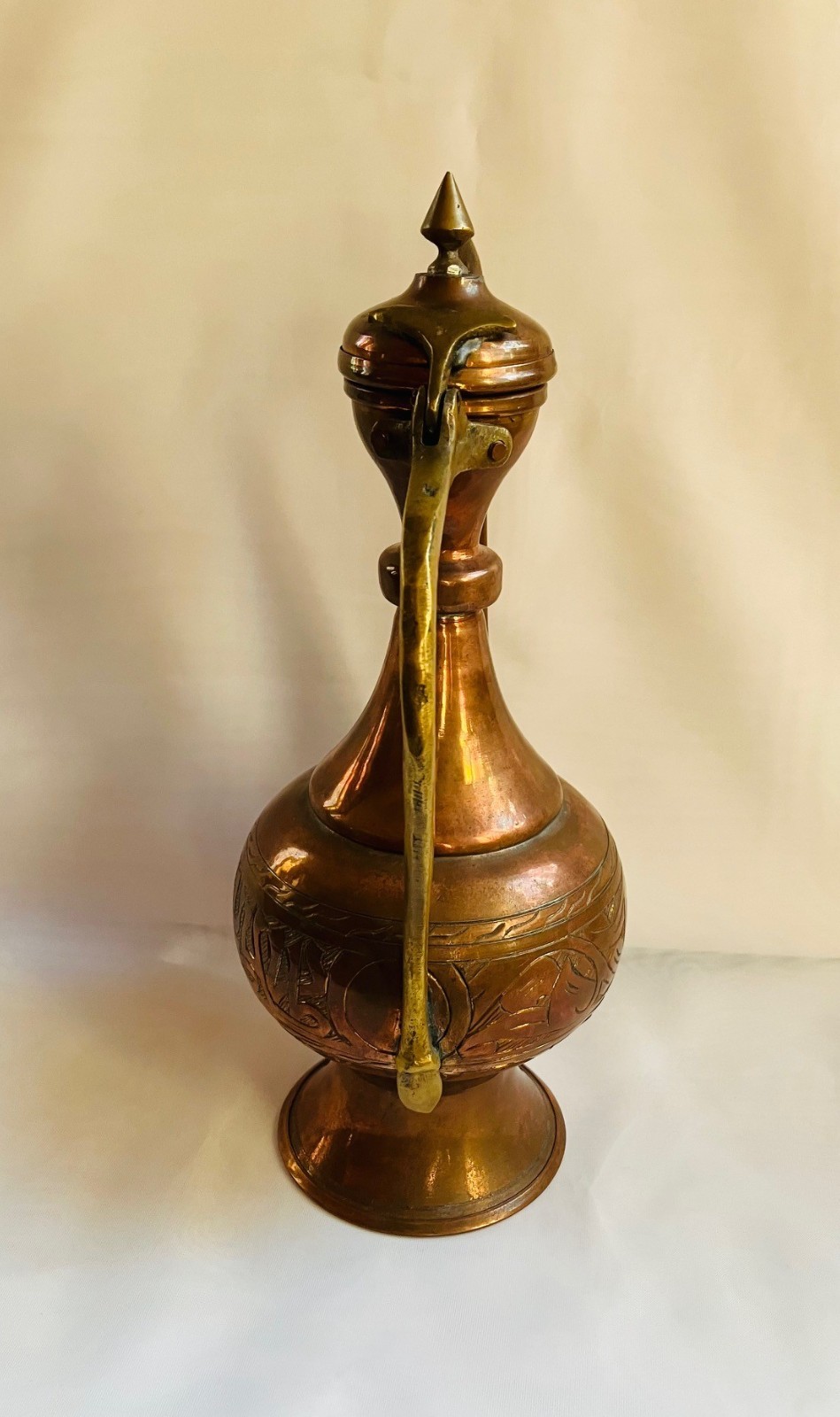 Vintage Islamic Middle Eastern Hand-forged and Engraved Copper Rosewater Ewer