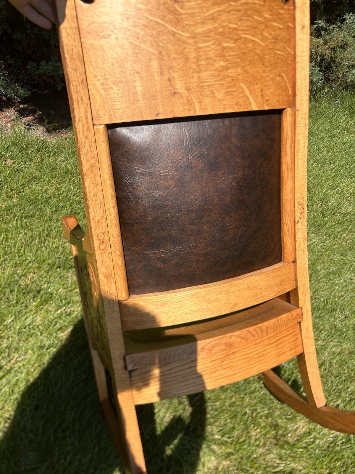 Renaissance Revival Carved Tiger Oak Rocking Chair Figural Lion/Beast Arms Crest